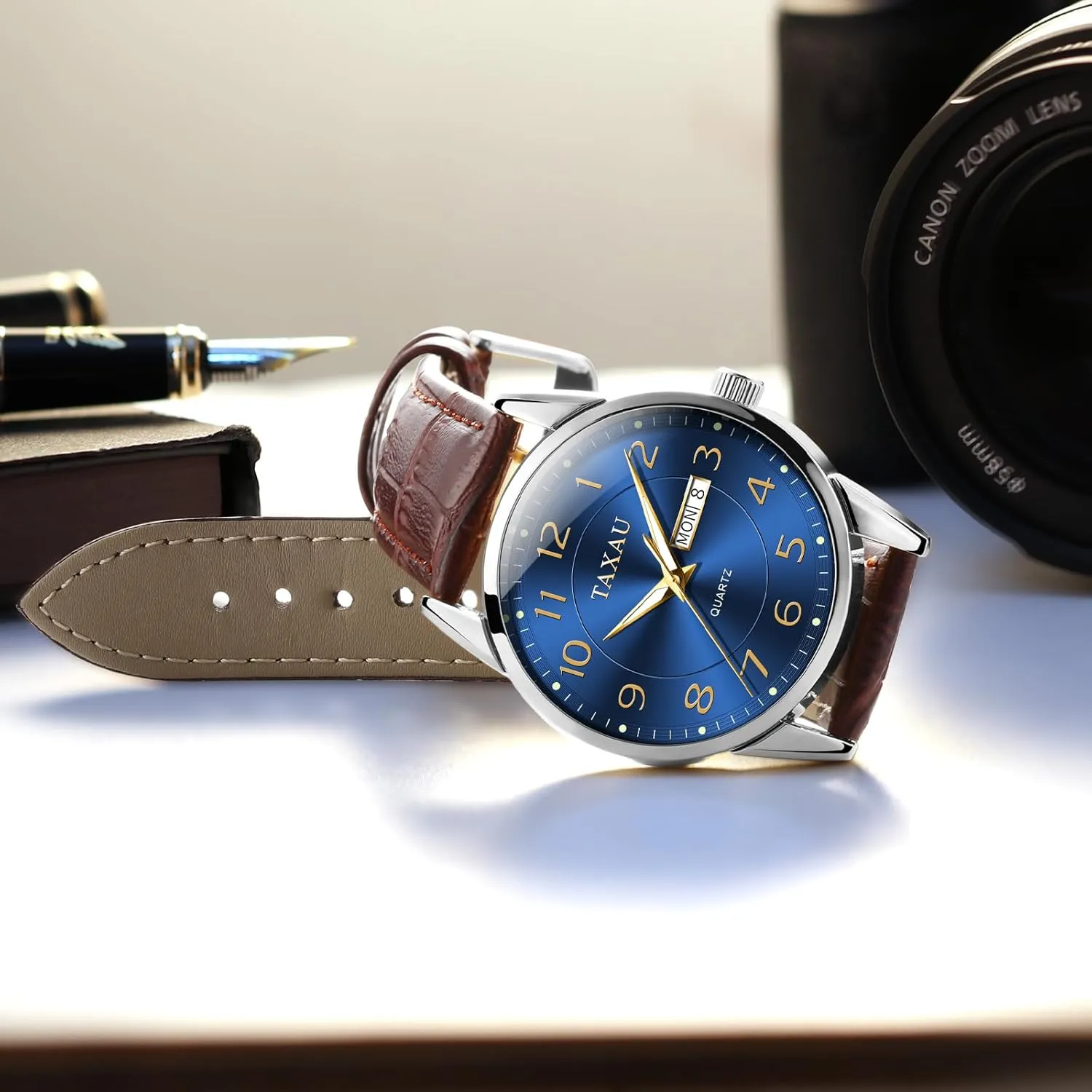 Men's Watches - Fashion Casual Leather Watches Big Face Easy Read Arabic Numerals Quartz Analog Luminous Waterproof Day Date Classic Luxury Dress Wrist Watches