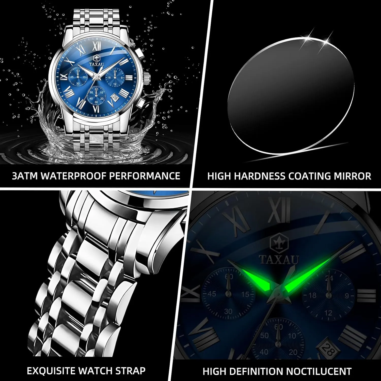 Mens Watches Luxury Multifunction Waterproof Watches for Men Big Face Analog Quartz Stainless Steel Silver Men's Wrist Watches Chronograph with Date Luminous