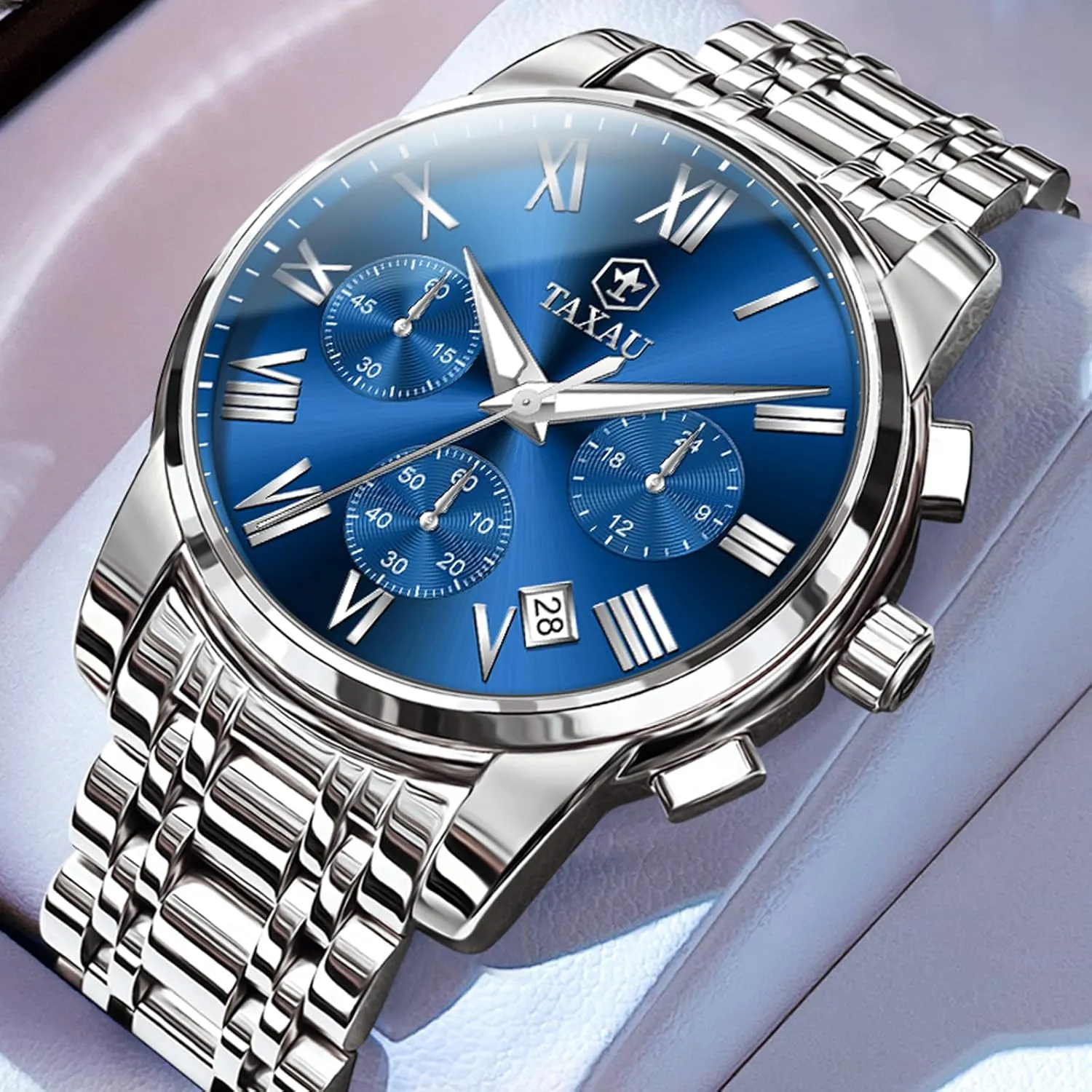 Mens Watches Luxury Multifunction Waterproof Watches for Men Big Face Analog Quartz Stainless Steel Silver Men's Wrist Watches Chronograph with Date Luminous