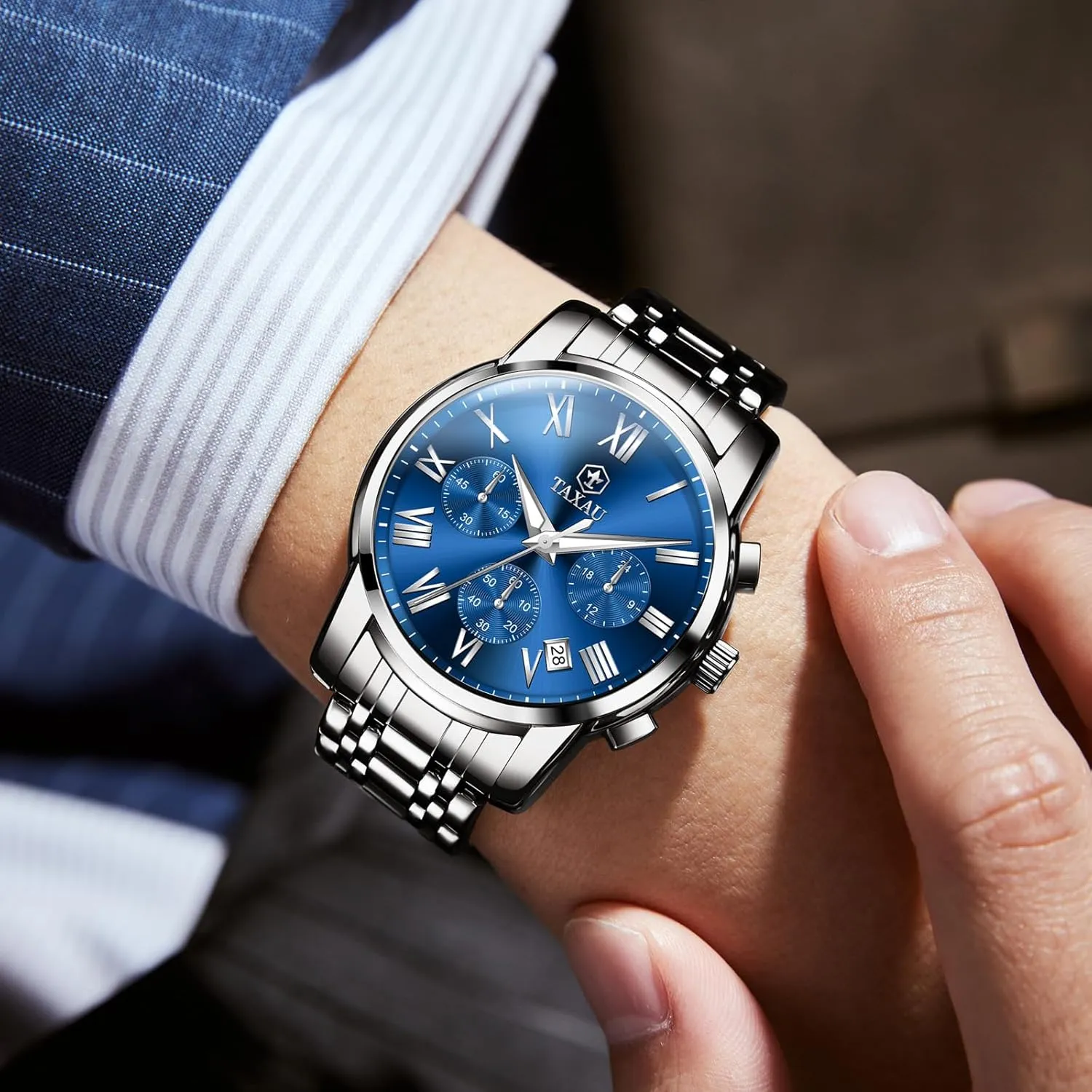 Mens Watches Luxury Multifunction Waterproof Watches for Men Big Face Analog Quartz Stainless Steel Silver Men's Wrist Watches Chronograph with Date Luminous