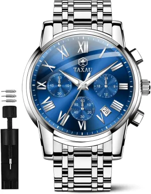 Mens Watches Luxury Multifunction Waterproof Watches for Men Big Face Analog Quartz Stainless Steel Silver Men's Wrist Watches Chronograph with Date Luminous