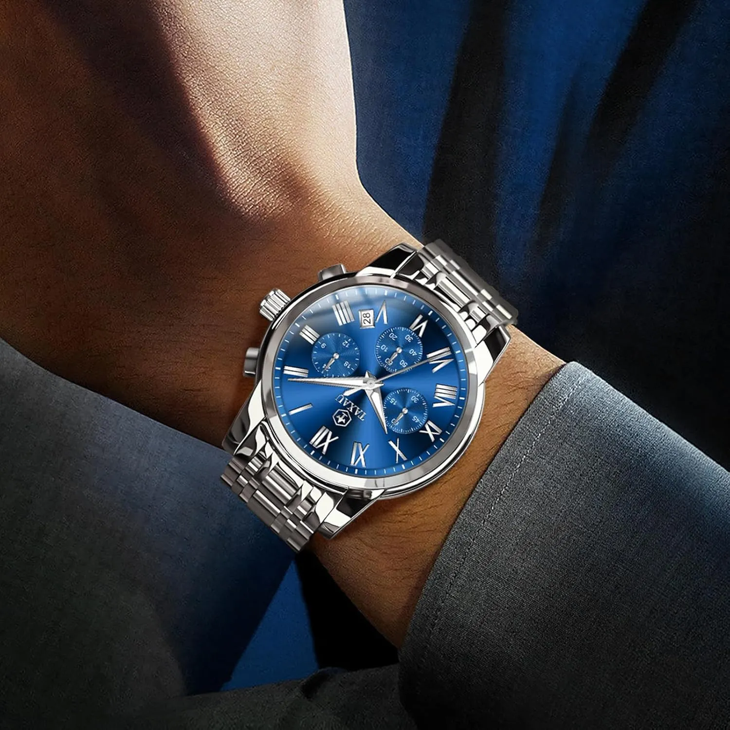 Mens Watches Luxury Multifunction Waterproof Watches for Men Big Face Analog Quartz Stainless Steel Silver Men's Wrist Watches Chronograph with Date Luminous