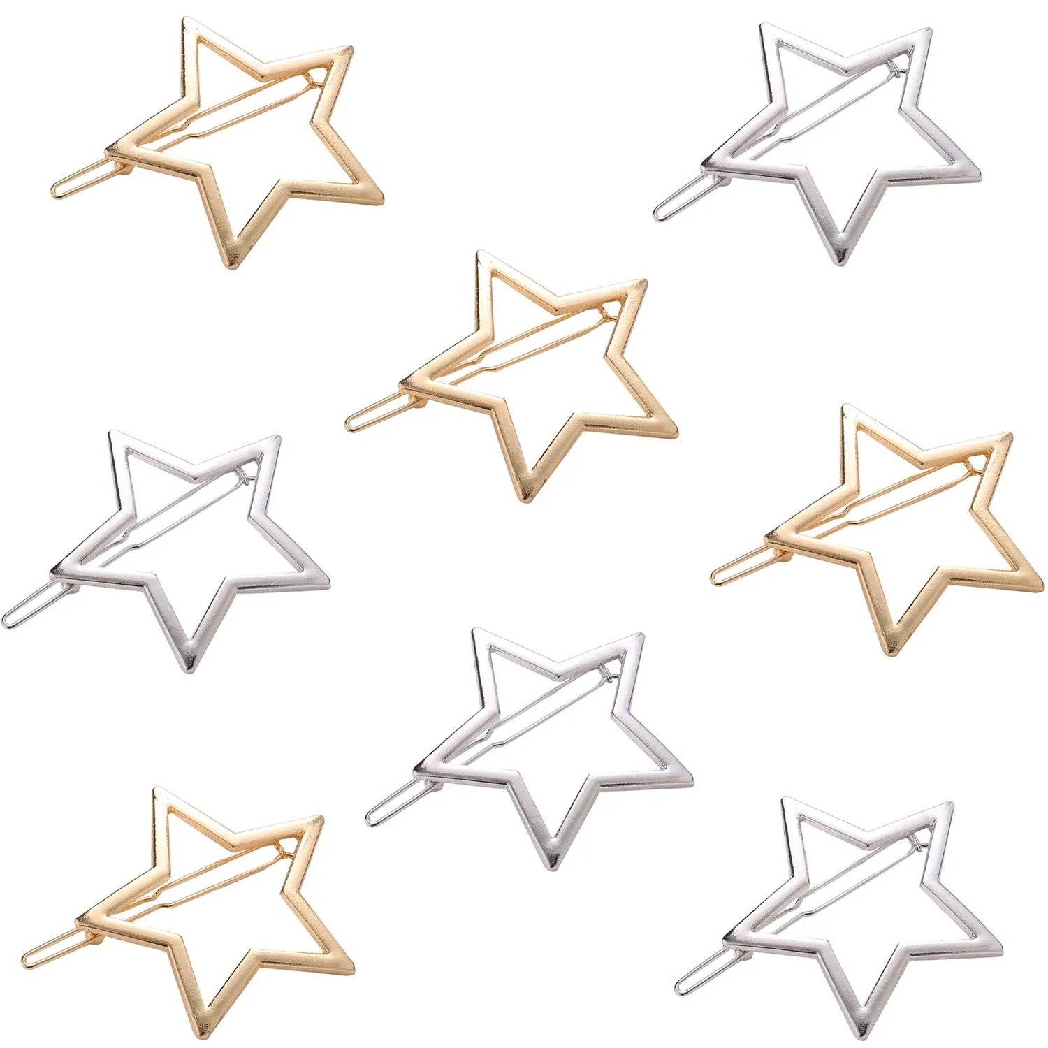 MIAO JIN 8 Pcs Exquisite Hollow Star Shape Hair Clips Hair Pins for Women's and Girls (Gold, Sliver)