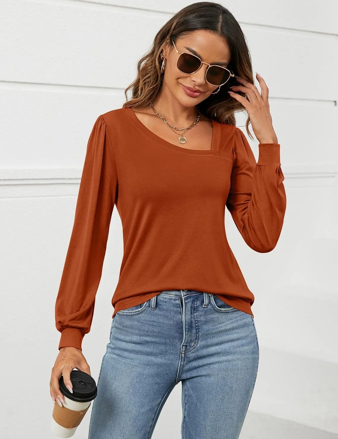 Micoson Women Puff Sleeves Tops Fashion Asymmetrical Neck Shirt Dressy Casual Tunic Blouses S-2XL
