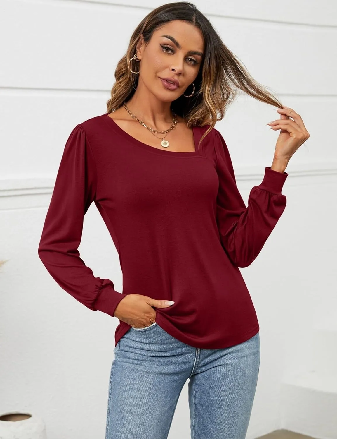 Micoson Women Puff Sleeves Tops Fashion Asymmetrical Neck Shirt Dressy Casual Tunic Blouses S-2XL