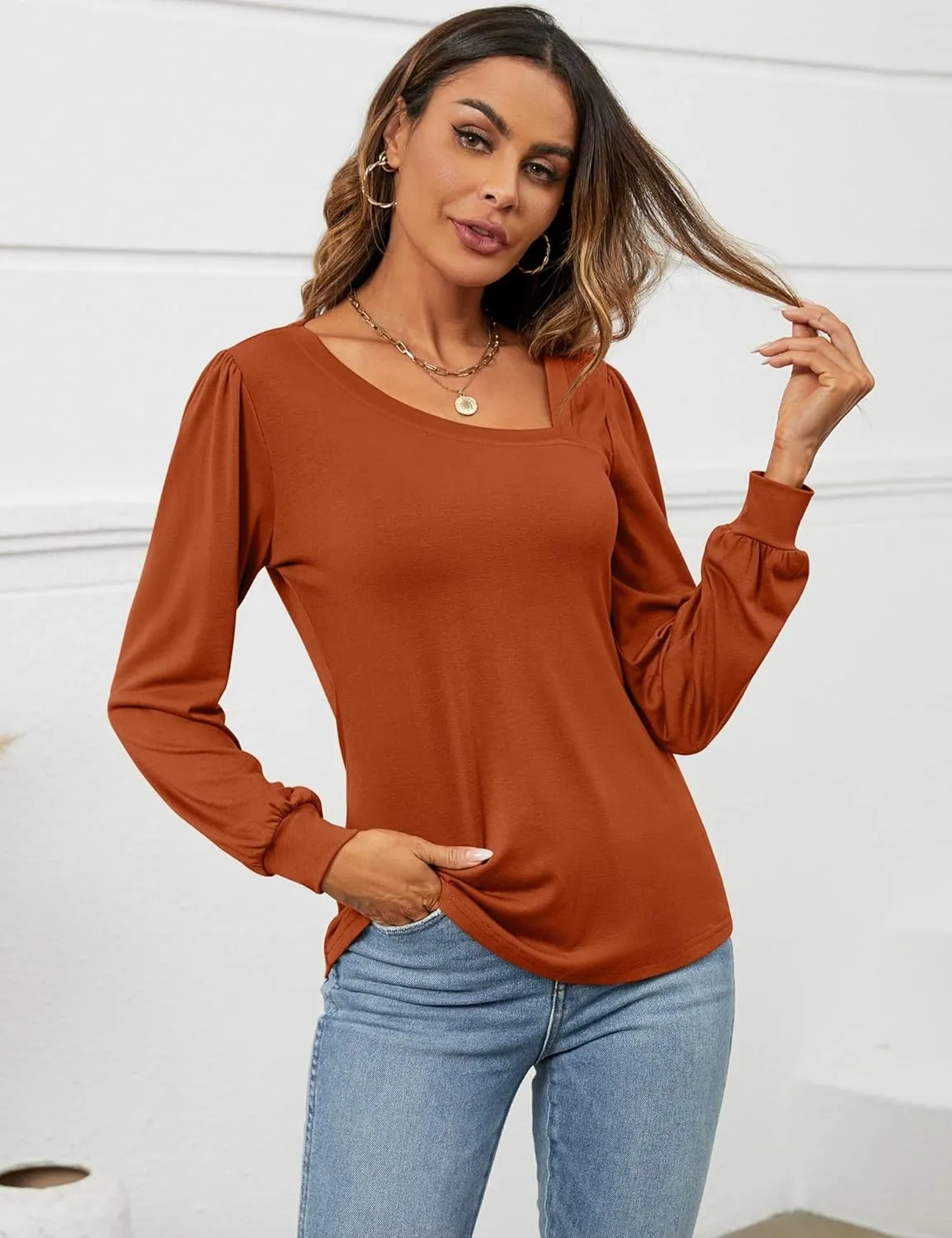 Micoson Women Puff Sleeves Tops Fashion Asymmetrical Neck Shirt Dressy Casual Tunic Blouses S-2XL