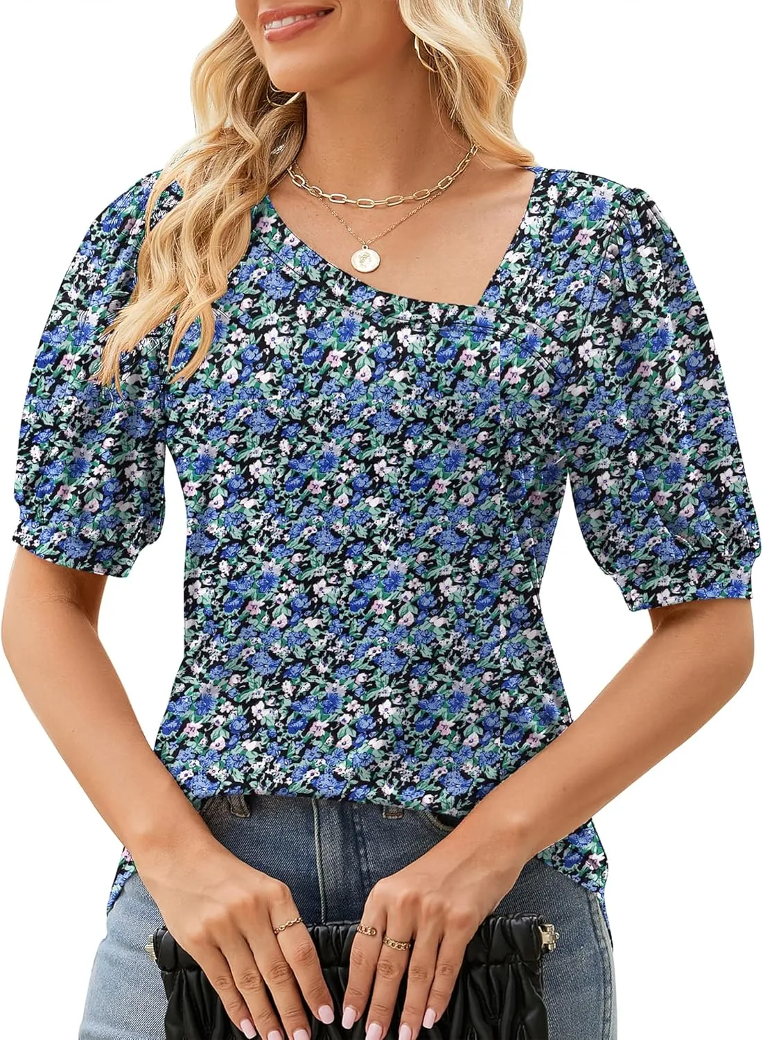 Micoson Women Puff Sleeves Tops Fashion Asymmetrical Neck Shirt Dressy Casual Tunic Blouses S-2XL