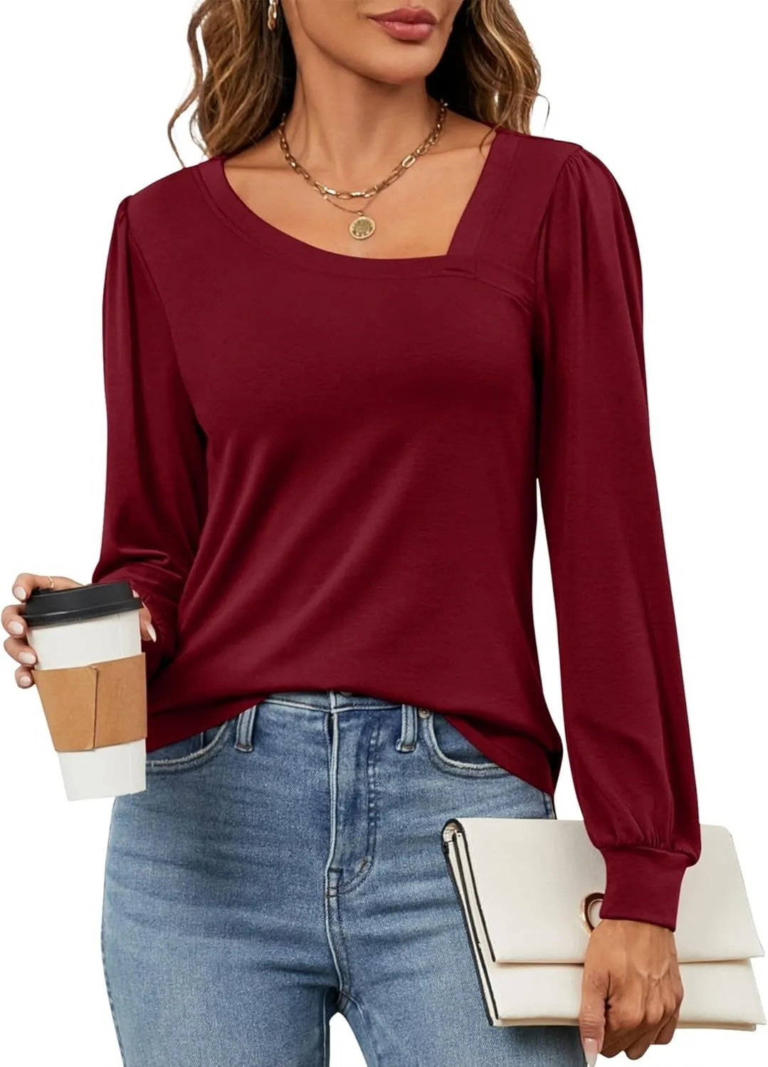 Micoson Women Puff Sleeves Tops Fashion Asymmetrical Neck Shirt Dressy Casual Tunic Blouses S-2XL