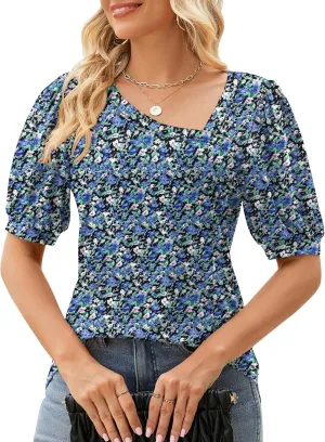 Micoson Women Puff Sleeves Tops Fashion Asymmetrical Neck Shirt Dressy Casual Tunic Blouses S-2XL