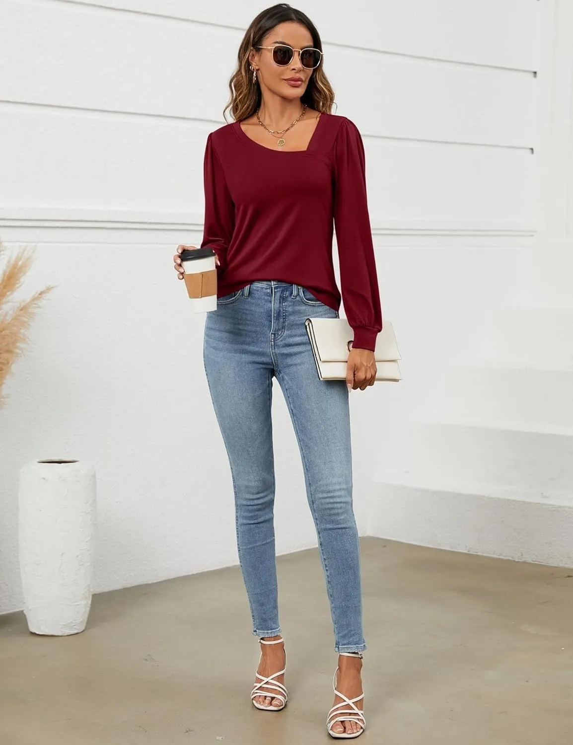 Micoson Women Puff Sleeves Tops Fashion Asymmetrical Neck Shirt Dressy Casual Tunic Blouses S-2XL
