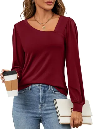 Micoson Women Puff Sleeves Tops Fashion Asymmetrical Neck Shirt Dressy Casual Tunic Blouses S-2XL