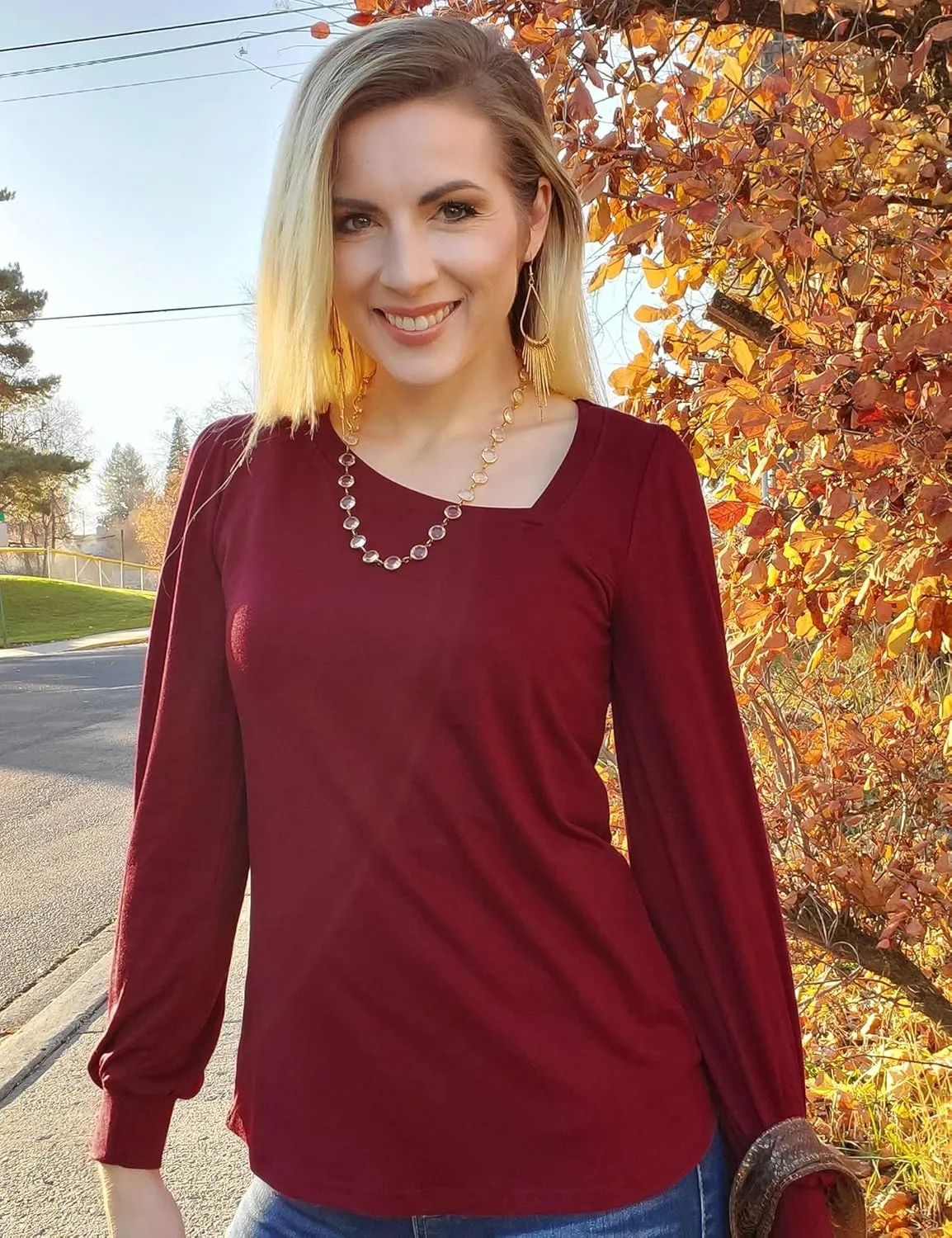 Micoson Women Puff Sleeves Tops Fashion Asymmetrical Neck Shirt Dressy Casual Tunic Blouses S-2XL