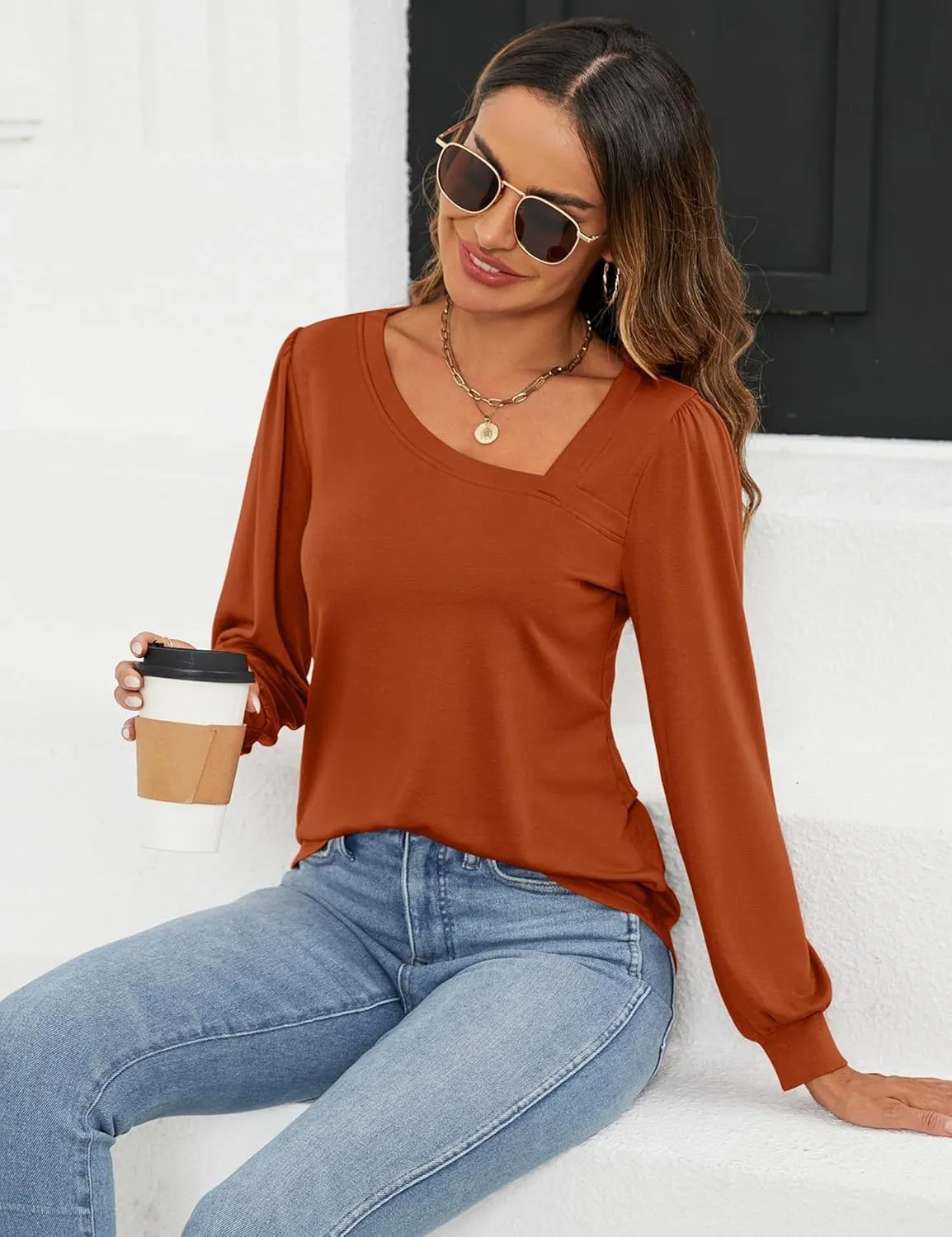 Micoson Women Puff Sleeves Tops Fashion Asymmetrical Neck Shirt Dressy Casual Tunic Blouses S-2XL