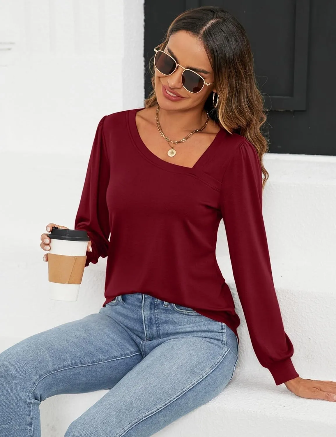 Micoson Women Puff Sleeves Tops Fashion Asymmetrical Neck Shirt Dressy Casual Tunic Blouses S-2XL