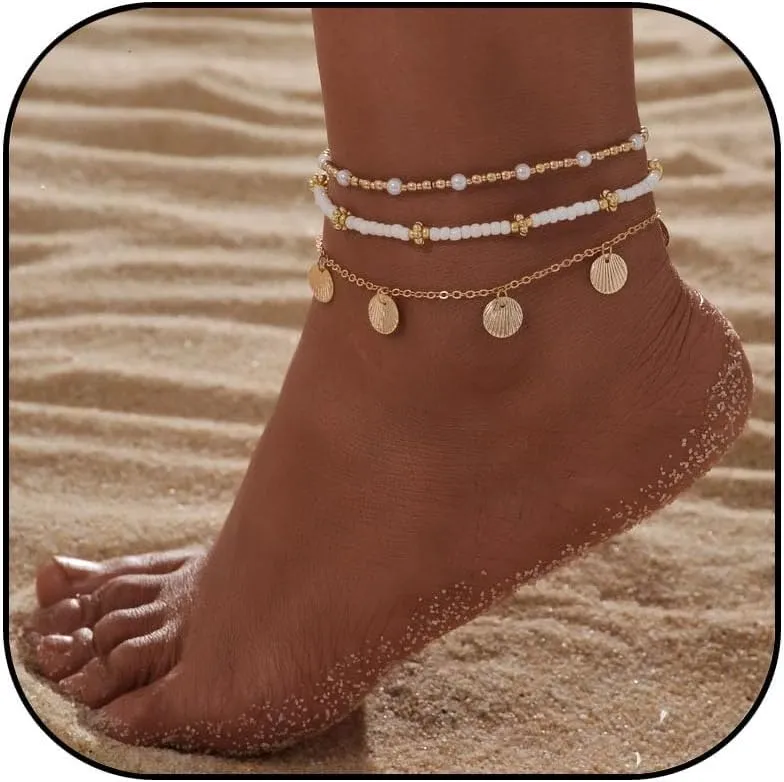MIFYNN Boho Shell Anklets for Women Gold Bead Ankle Bracelet Layered Adjustable Elastic Anklets Boho Beach Foot Jewelry Gifts for Women