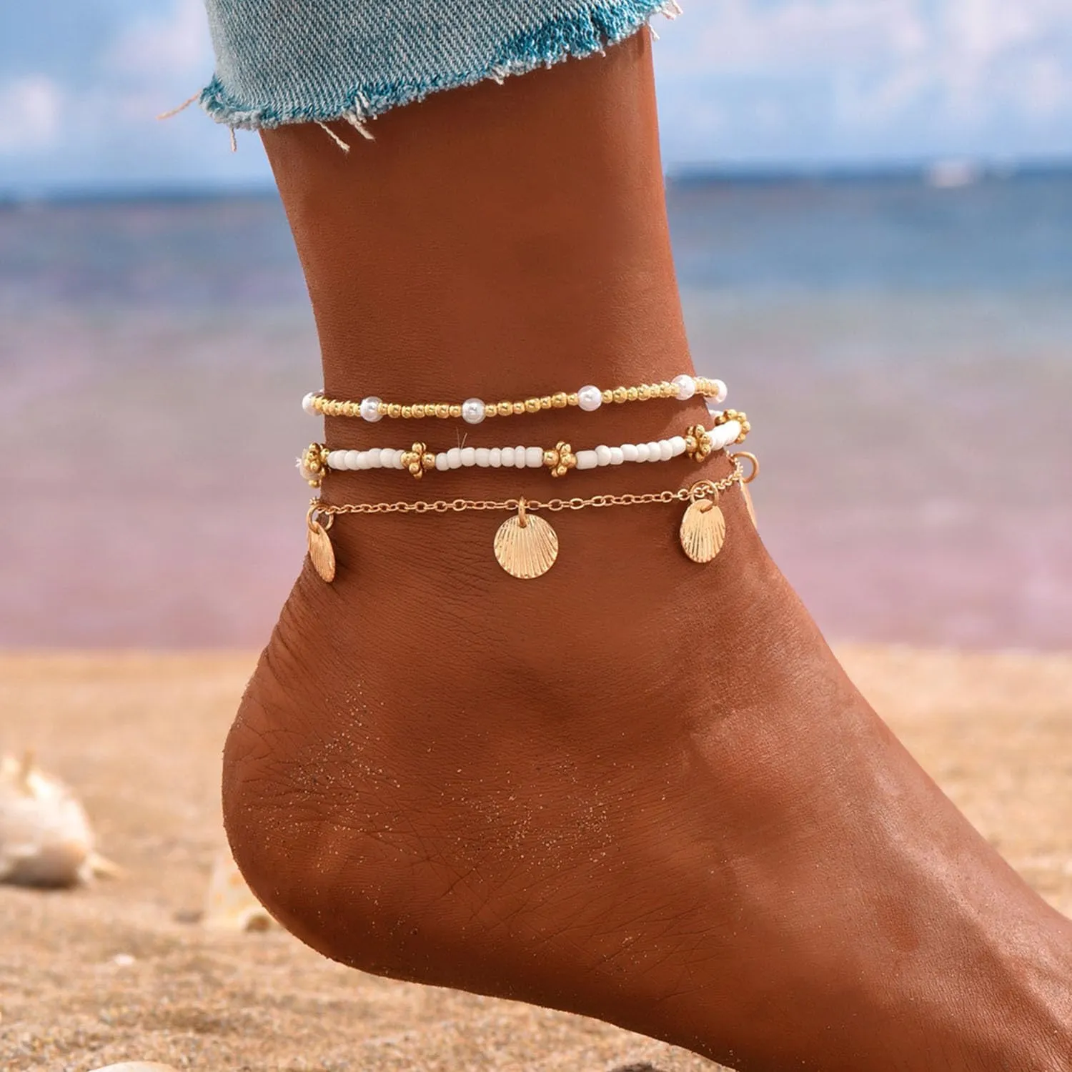 MIFYNN Boho Shell Anklets for Women Gold Bead Ankle Bracelet Layered Adjustable Elastic Anklets Boho Beach Foot Jewelry Gifts for Women