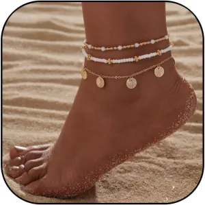 MIFYNN Boho Shell Anklets for Women Gold Bead Ankle Bracelet Layered Adjustable Elastic Anklets Boho Beach Foot Jewelry Gifts for Women