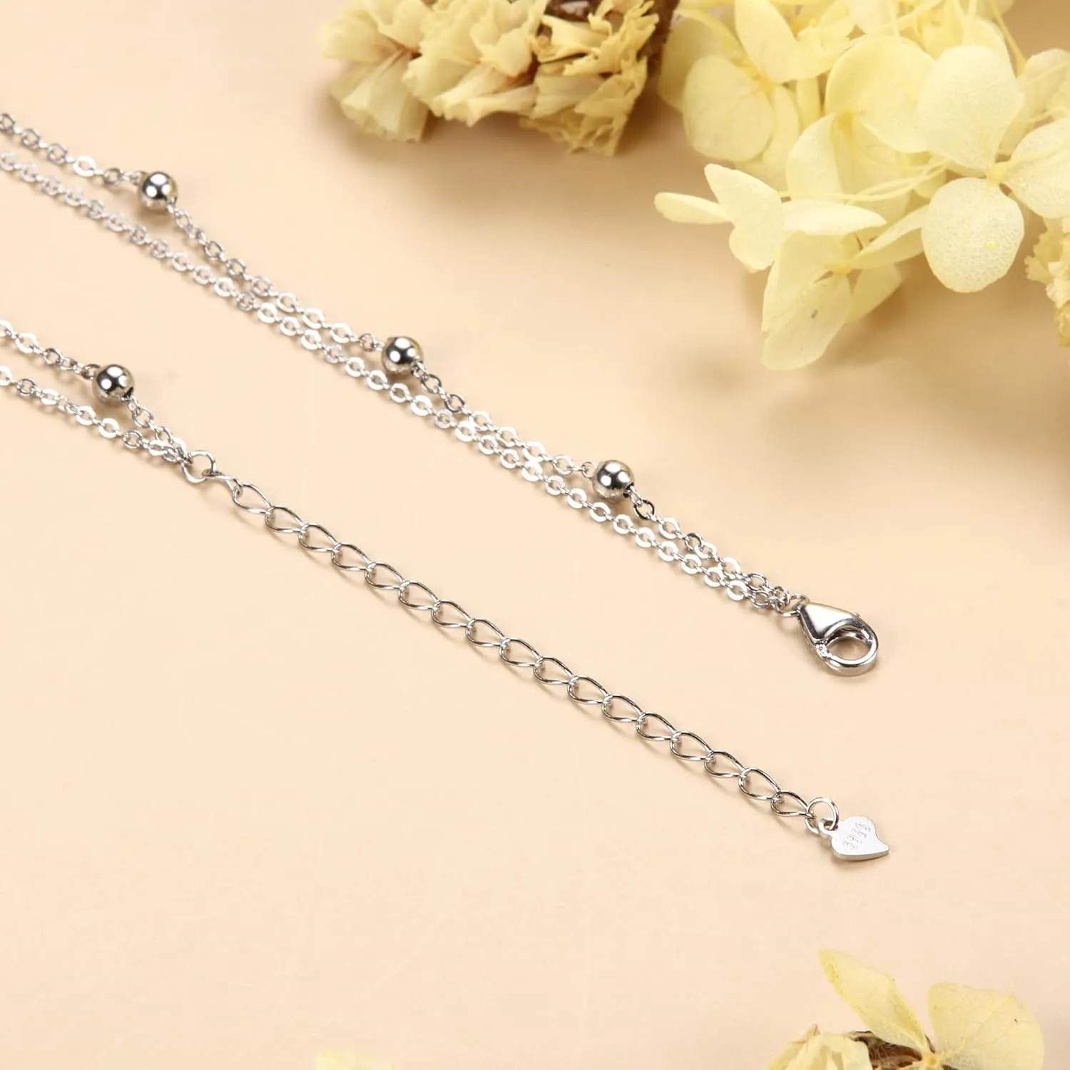 Milacolato Anklet for Women 925 Sterling Silver Ankle Bracelet 18K White Gold Plated Layered Bead Dot Star Heart Infinity Ankle Bracelets Durable Cuban/Figaro/Herringbone Link Chain Ajustable Foot Ankle Bracelet Beach Jewelry