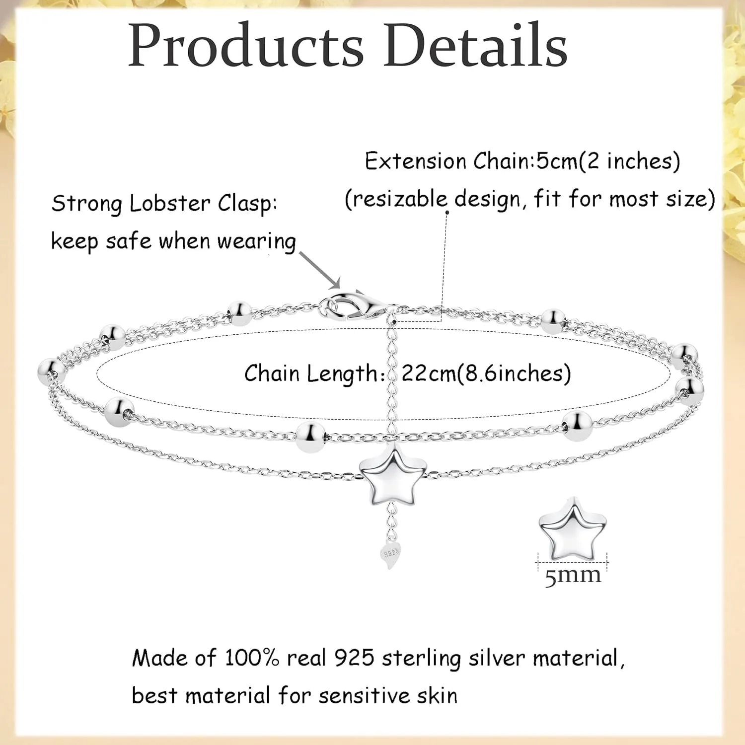 Milacolato Anklet for Women 925 Sterling Silver Ankle Bracelet 18K White Gold Plated Layered Bead Dot Star Heart Infinity Ankle Bracelets Durable Cuban/Figaro/Herringbone Link Chain Ajustable Foot Ankle Bracelet Beach Jewelry