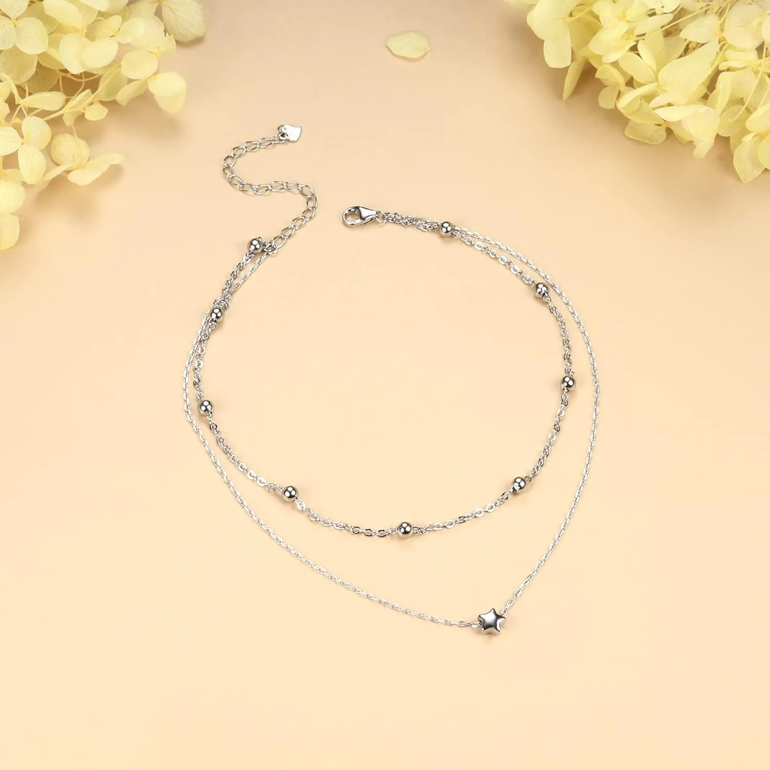 Milacolato Anklet for Women 925 Sterling Silver Ankle Bracelet 18K White Gold Plated Layered Bead Dot Star Heart Infinity Ankle Bracelets Durable Cuban/Figaro/Herringbone Link Chain Ajustable Foot Ankle Bracelet Beach Jewelry