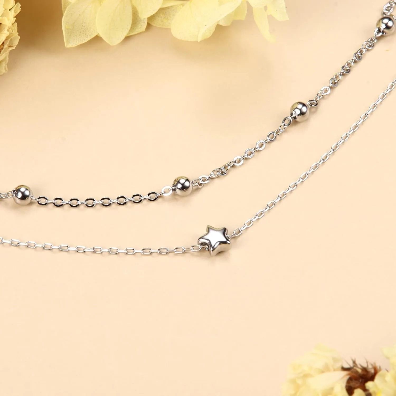 Milacolato Anklet for Women 925 Sterling Silver Ankle Bracelet 18K White Gold Plated Layered Bead Dot Star Heart Infinity Ankle Bracelets Durable Cuban/Figaro/Herringbone Link Chain Ajustable Foot Ankle Bracelet Beach Jewelry