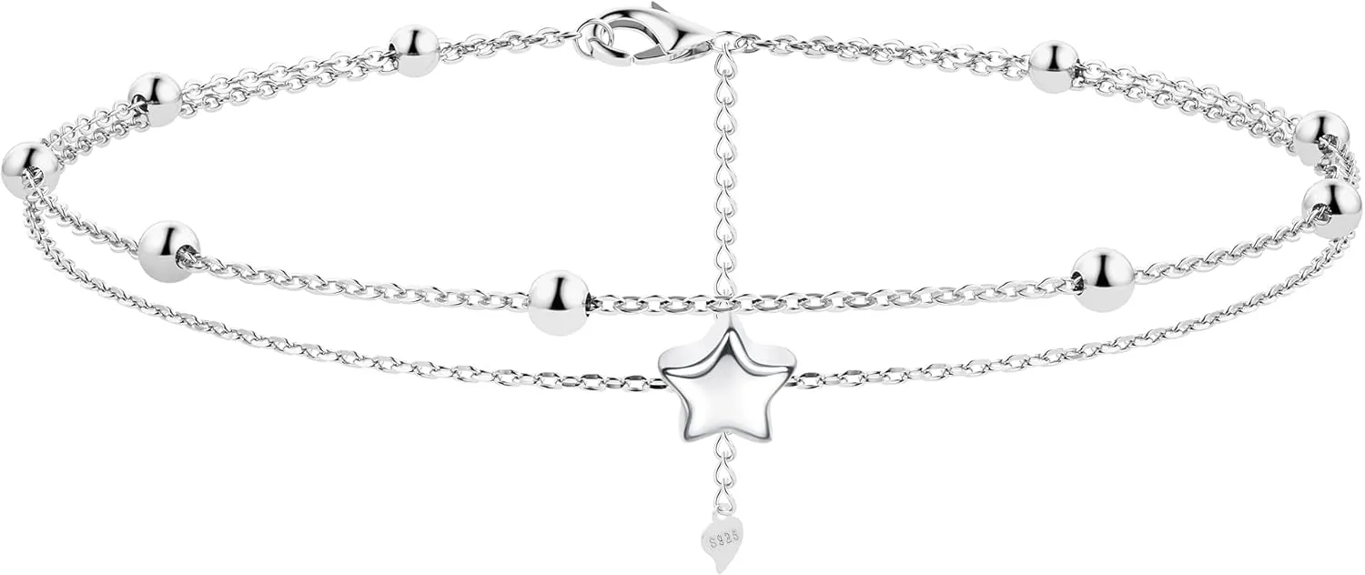 Milacolato Anklet for Women 925 Sterling Silver Ankle Bracelet 18K White Gold Plated Layered Bead Dot Star Heart Infinity Ankle Bracelets Durable Cuban/Figaro/Herringbone Link Chain Ajustable Foot Ankle Bracelet Beach Jewelry