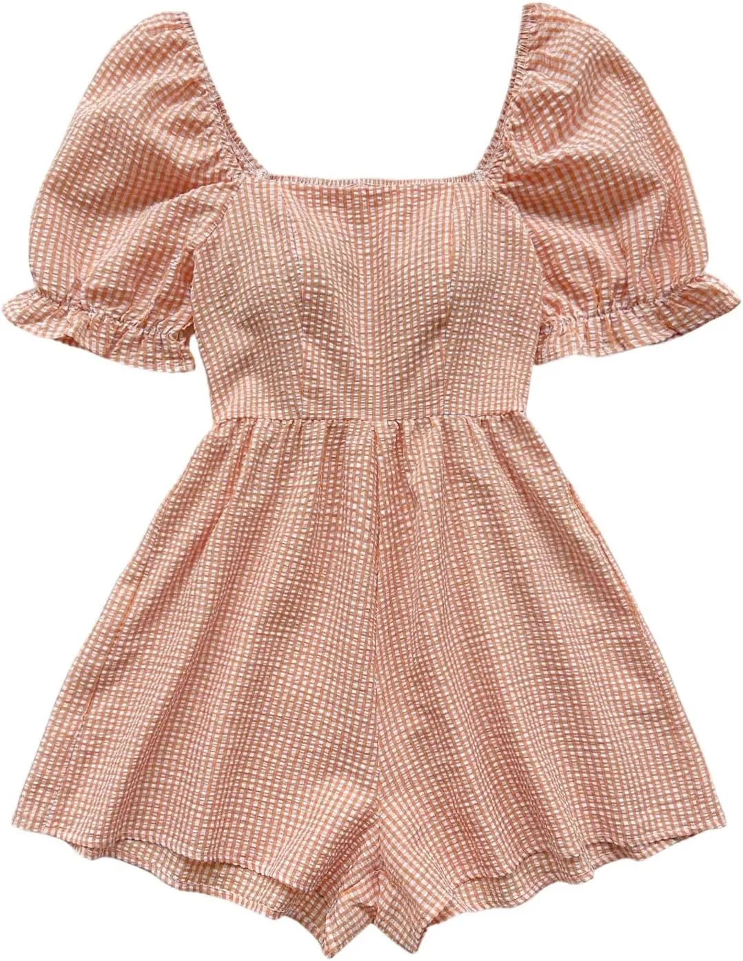 Milumia Women's Gingham Square Neck Puff Sleeve Romper Plaid Shorts Jumpsuit