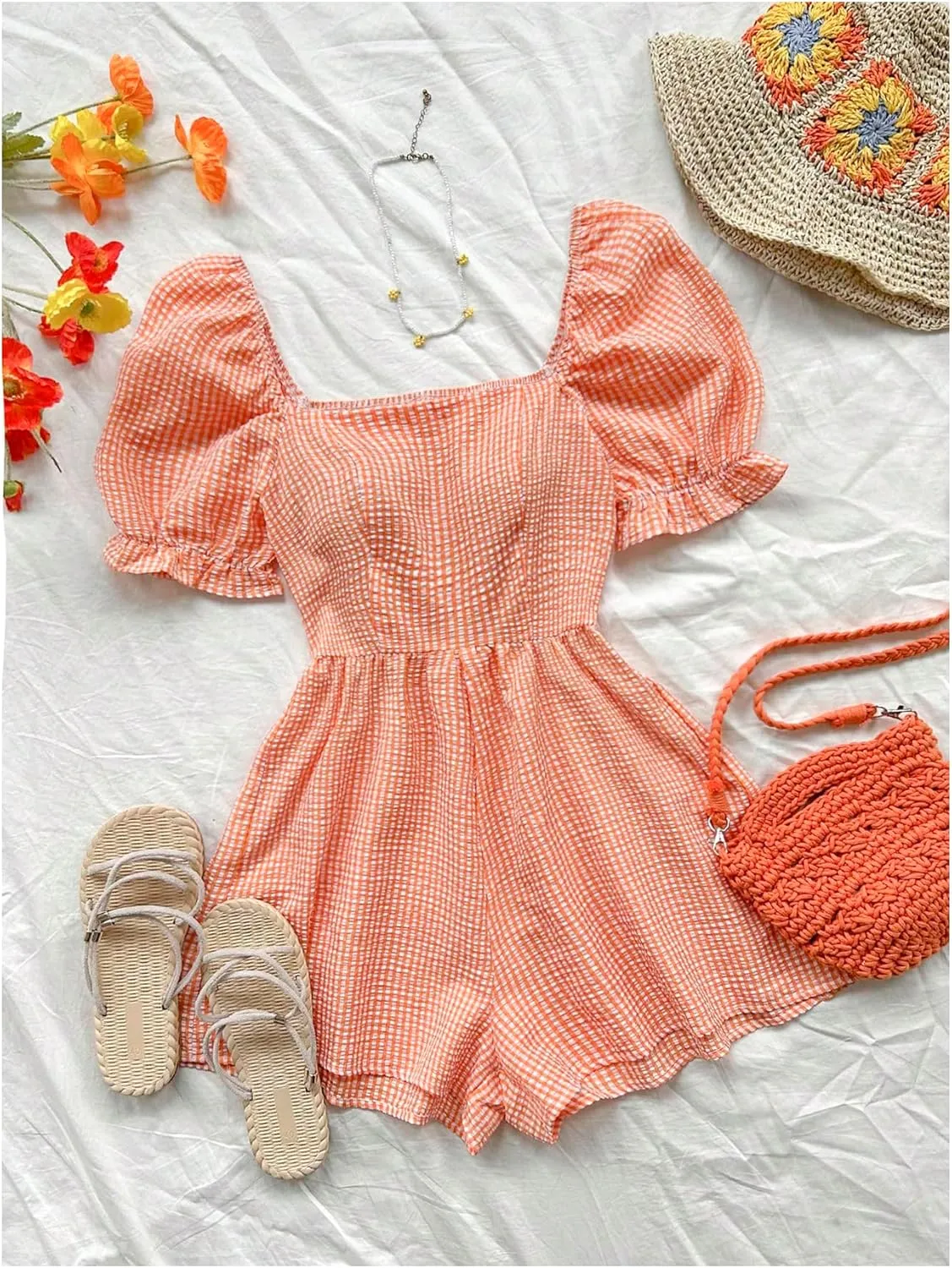Milumia Women's Gingham Square Neck Puff Sleeve Romper Plaid Shorts Jumpsuit