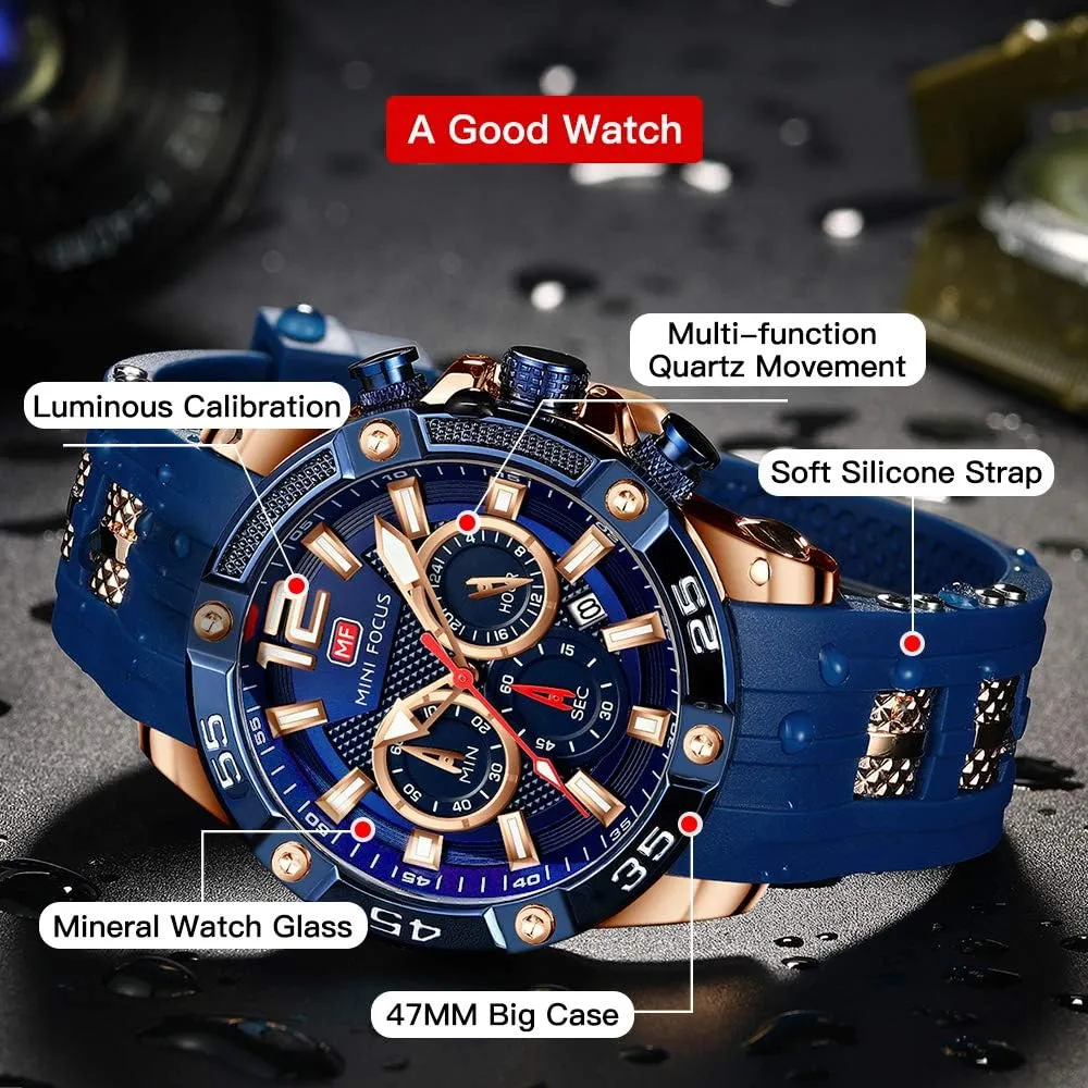 Mini Focus Men Watches Unique Casual Wrist Watches (Chronograph/Waterproof/Luminous/Calendar/24 Hours) Silicon Band Fashion Watches for Men