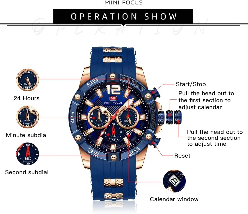 Mini Focus Men Watches Unique Casual Wrist Watches (Chronograph/Waterproof/Luminous/Calendar/24 Hours) Silicon Band Fashion Watches for Men