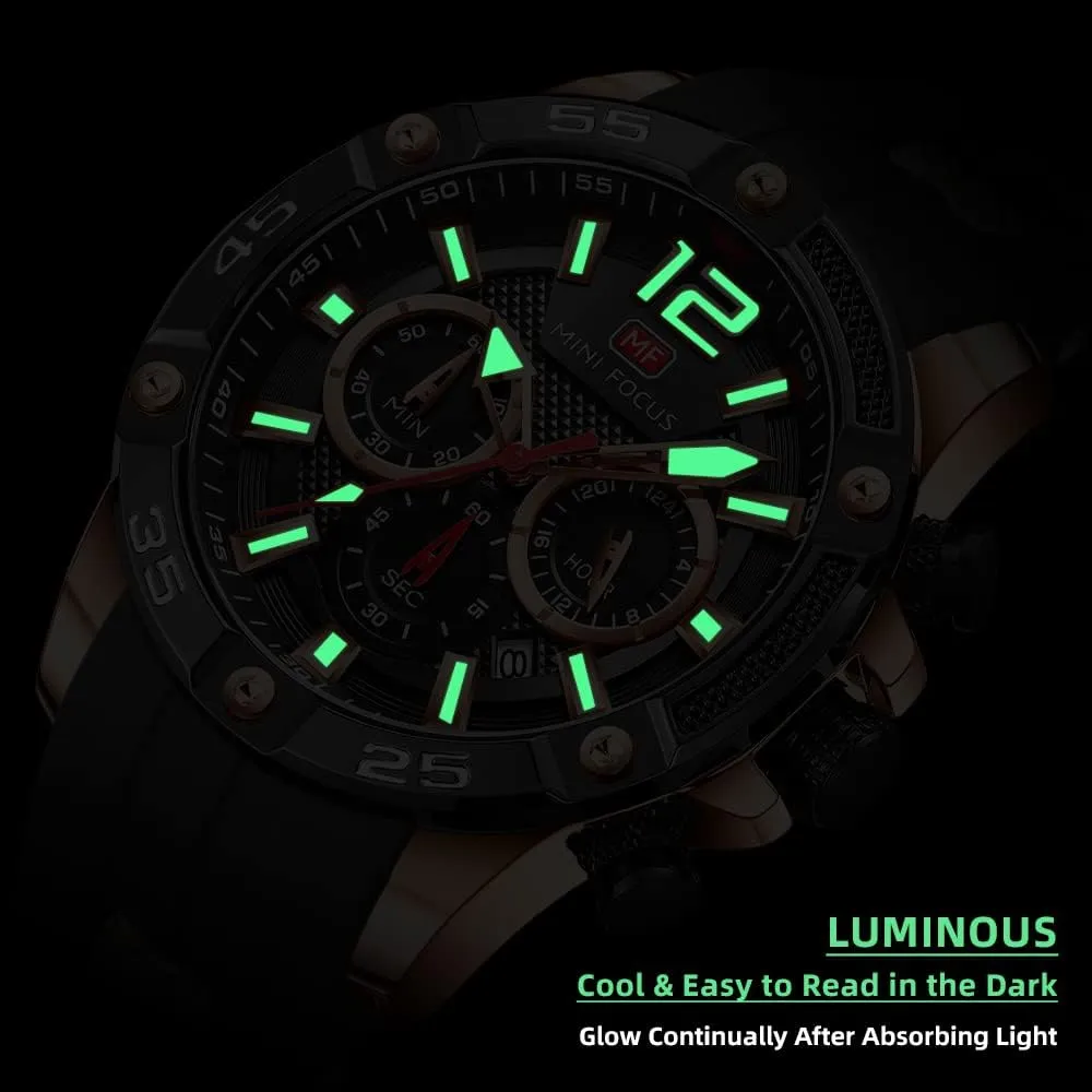 Mini Focus Men Watches Unique Casual Wrist Watches (Chronograph/Waterproof/Luminous/Calendar/24 Hours) Silicon Band Fashion Watches for Men