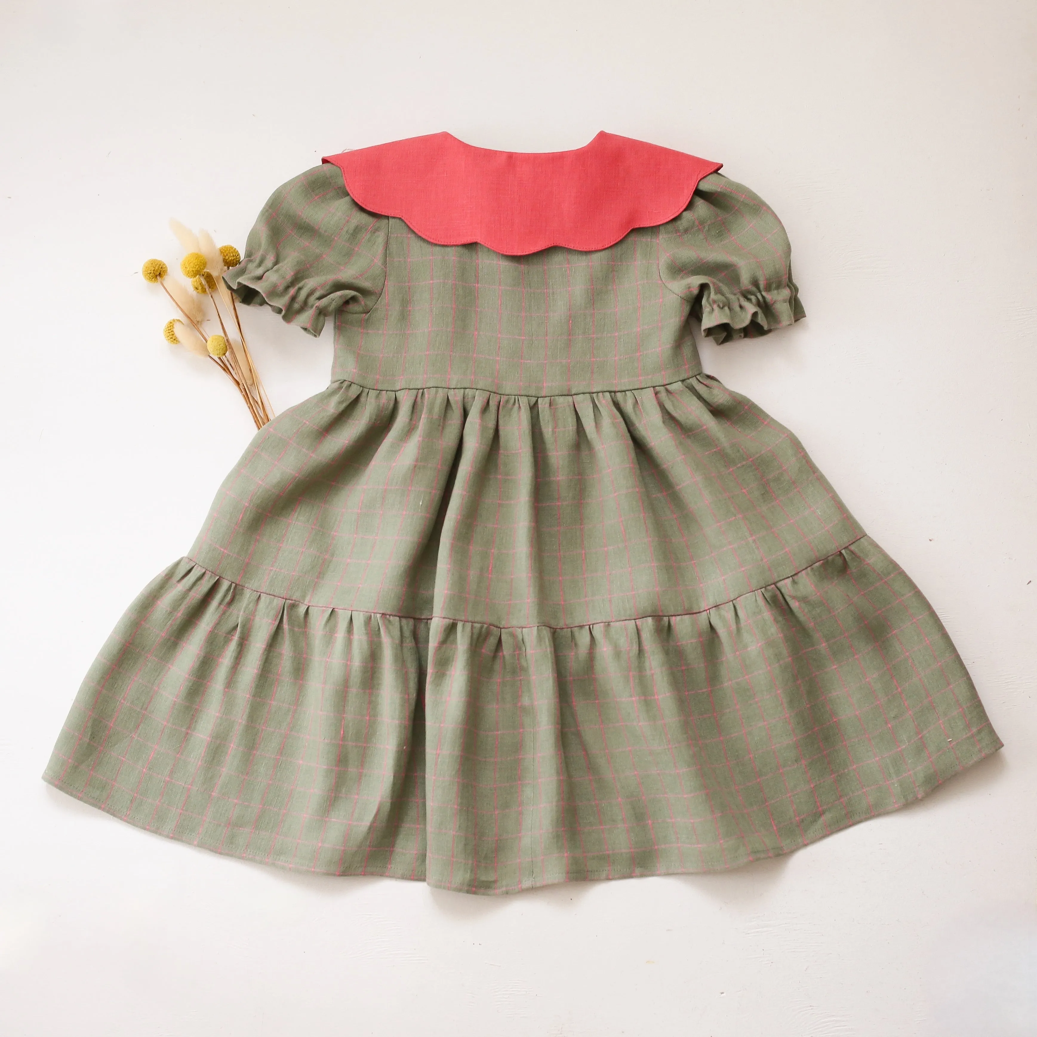 Mint & Pink Check Linen Short Sleeve Tiered Dress with Scalloped Collar in Coral Linen with "Petals Harmony" Embroidery