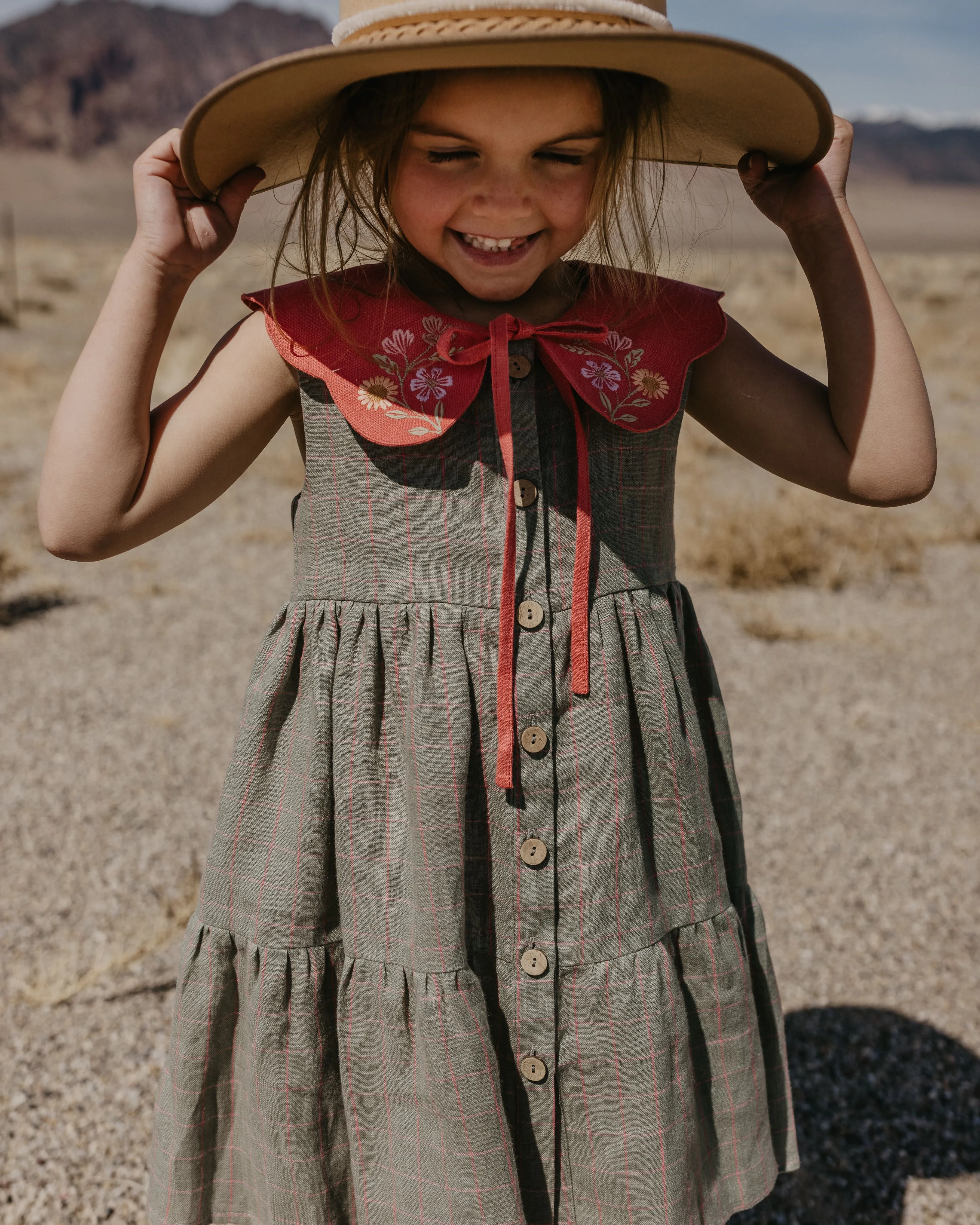 Mint & Pink Check Linen Tiered Dress with Petal Collar in Coral Linen with "Petals Harmony" Embroidery