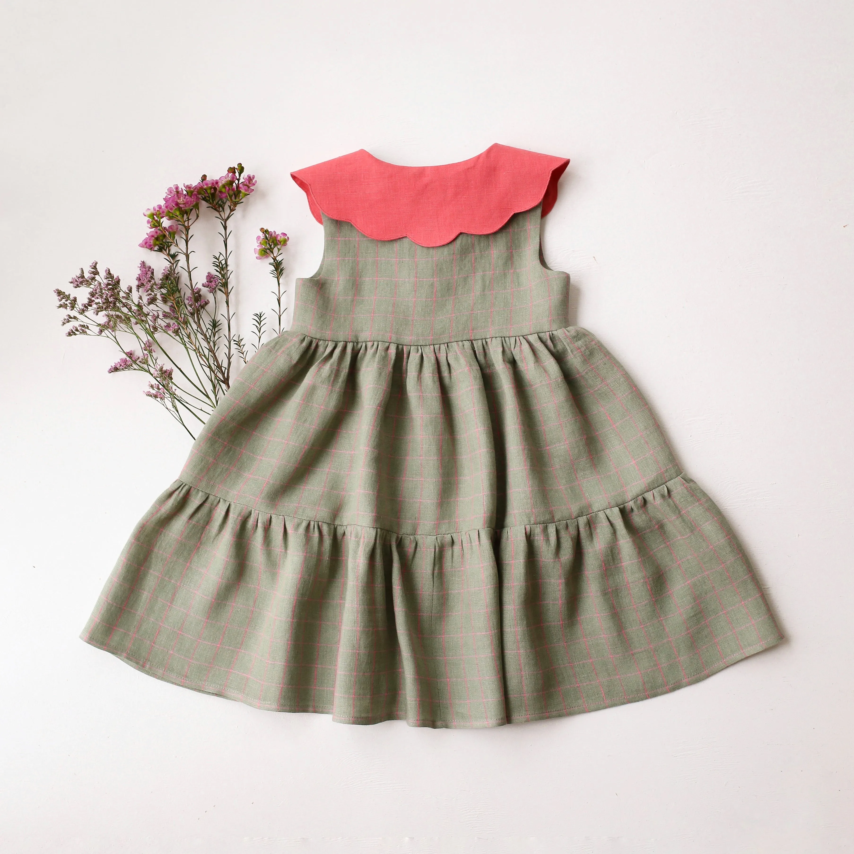 Mint & Pink Check Linen Tiered Dress with Petal Collar in Coral Linen with "Petals Harmony" Embroidery