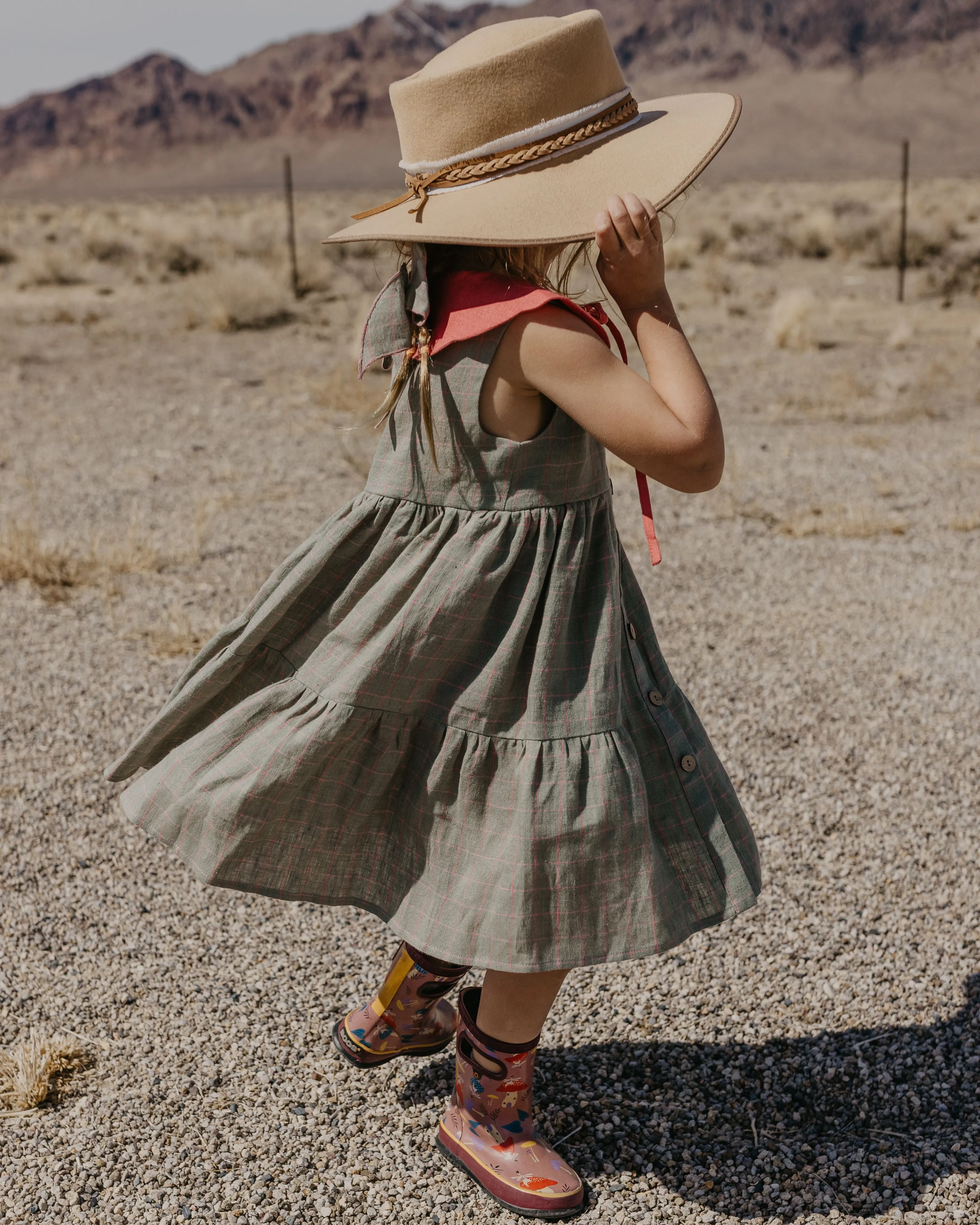 Mint & Pink Check Linen Tiered Dress with Petal Collar in Coral Linen with "Petals Harmony" Embroidery