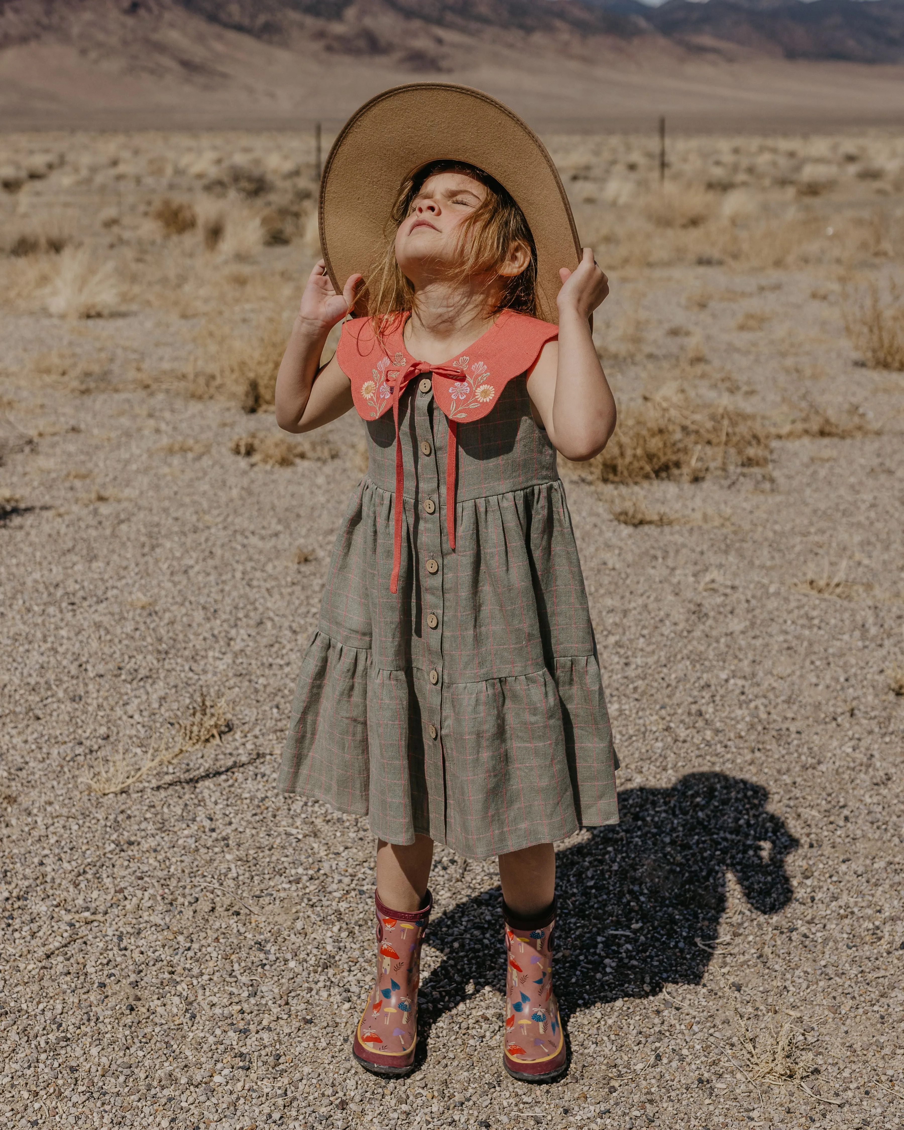 Mint & Pink Check Linen Tiered Dress with Petal Collar in Coral Linen with "Petals Harmony" Embroidery