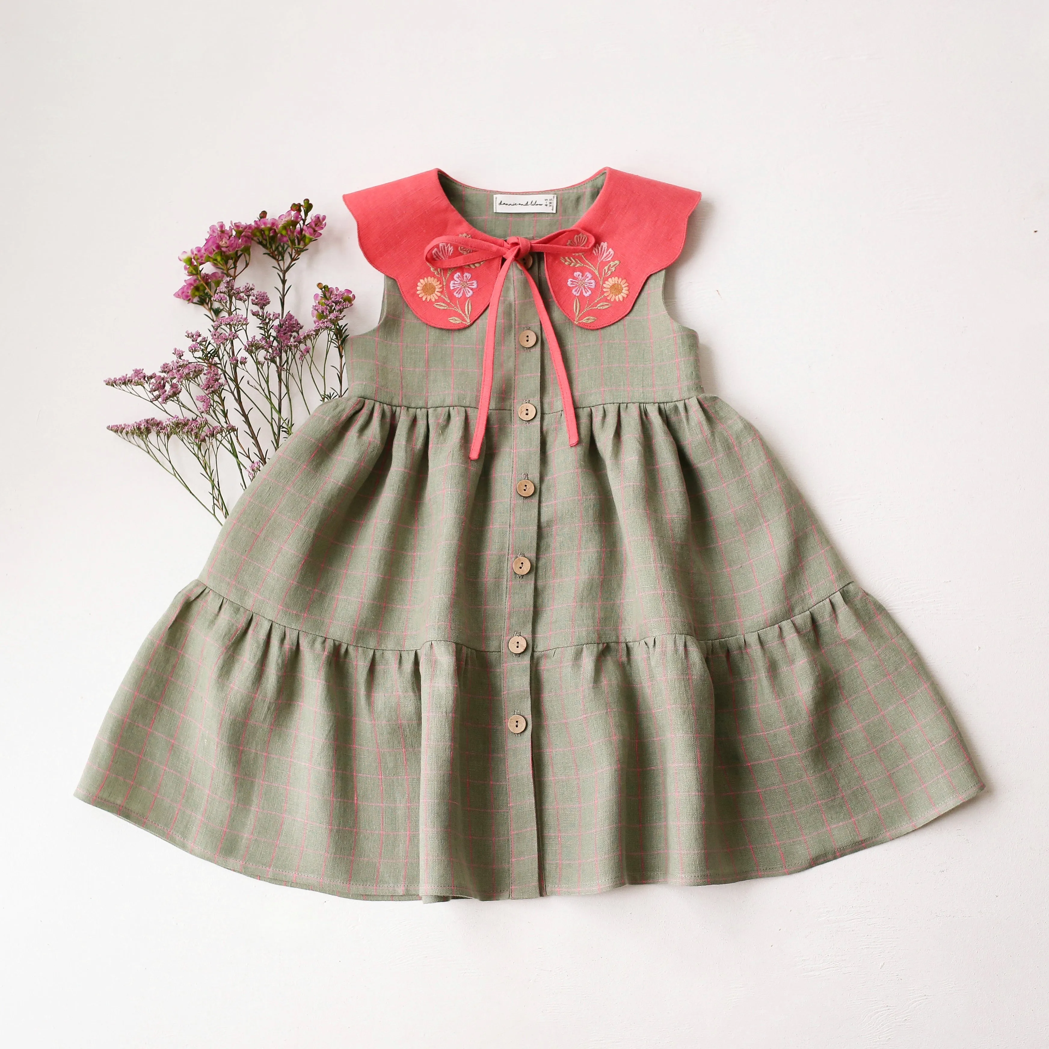Mint & Pink Check Linen Tiered Dress with Petal Collar in Coral Linen with "Petals Harmony" Embroidery