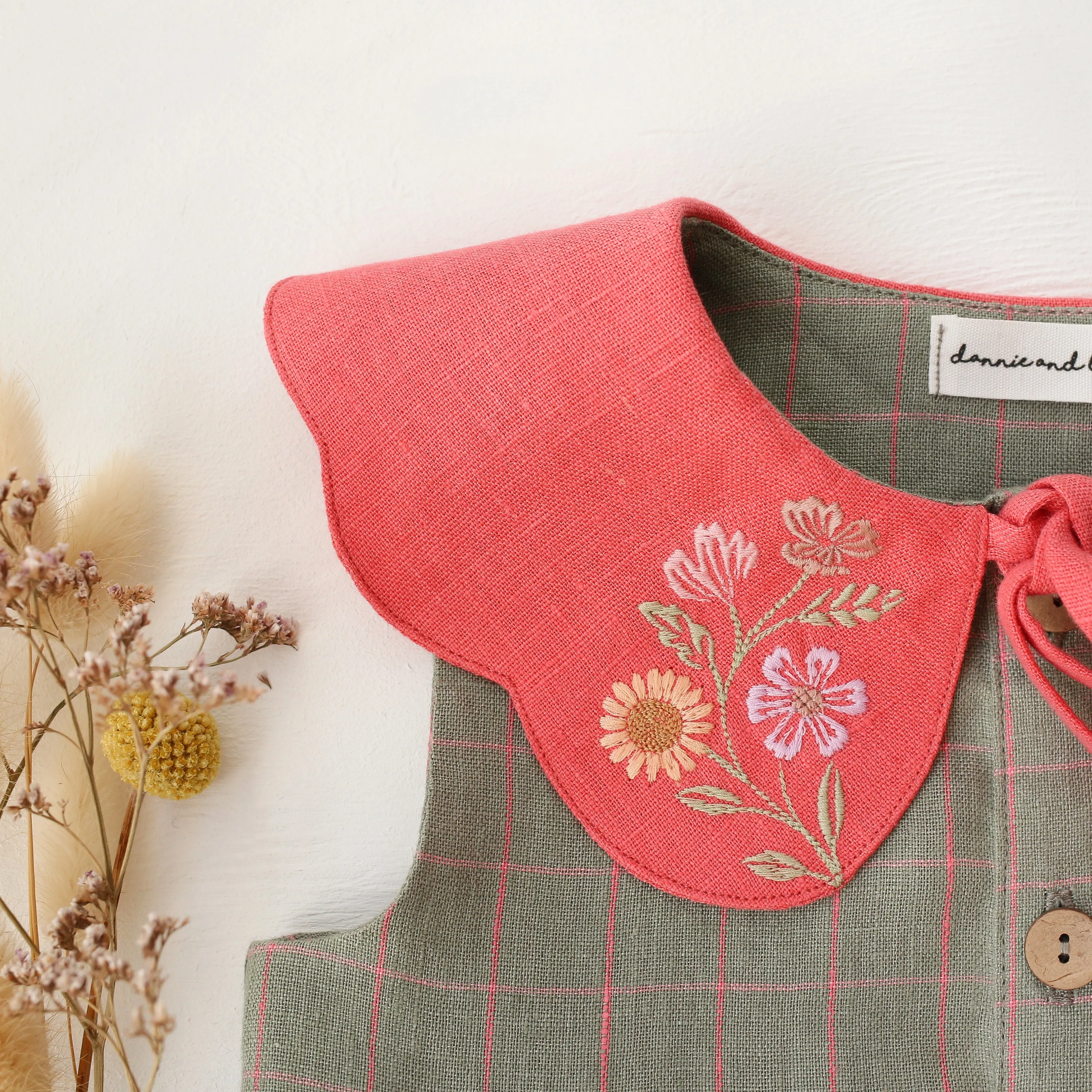 Mint & Pink Check Linen Tiered Dress with Petal Collar in Coral Linen with "Petals Harmony" Embroidery