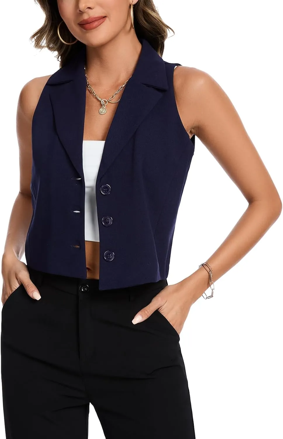 MINTLIMIT Women's Notch Lapel Button Front Crop Vest Jacket Waistcoat Vests Sleeveless Blazer