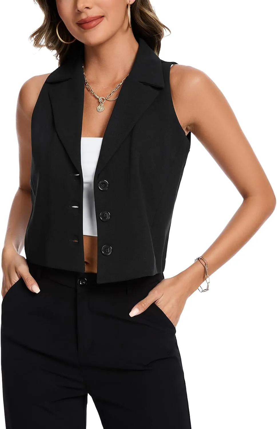 MINTLIMIT Women's Notch Lapel Button Front Crop Vest Jacket Waistcoat Vests Sleeveless Blazer