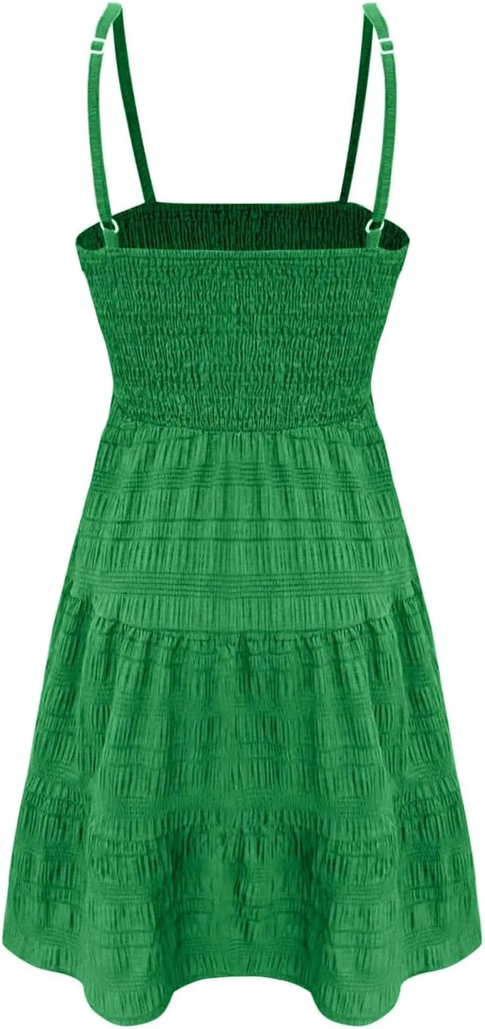 Miyaomn Women's Ruffle Spaghetti Strap Mini Dress Casual Solid A-Line Square Neck Sleeveless Smocked Tiered Flowy Sundresses