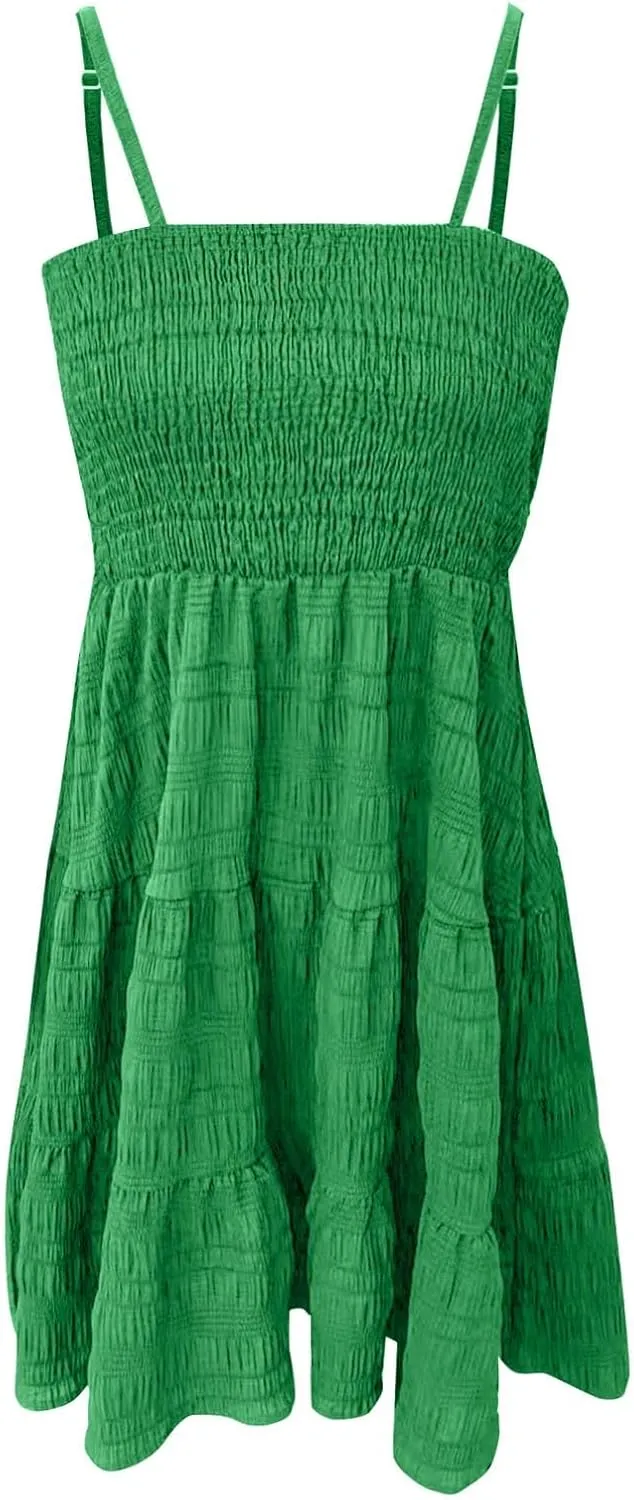 Miyaomn Women's Ruffle Spaghetti Strap Mini Dress Casual Solid A-Line Square Neck Sleeveless Smocked Tiered Flowy Sundresses