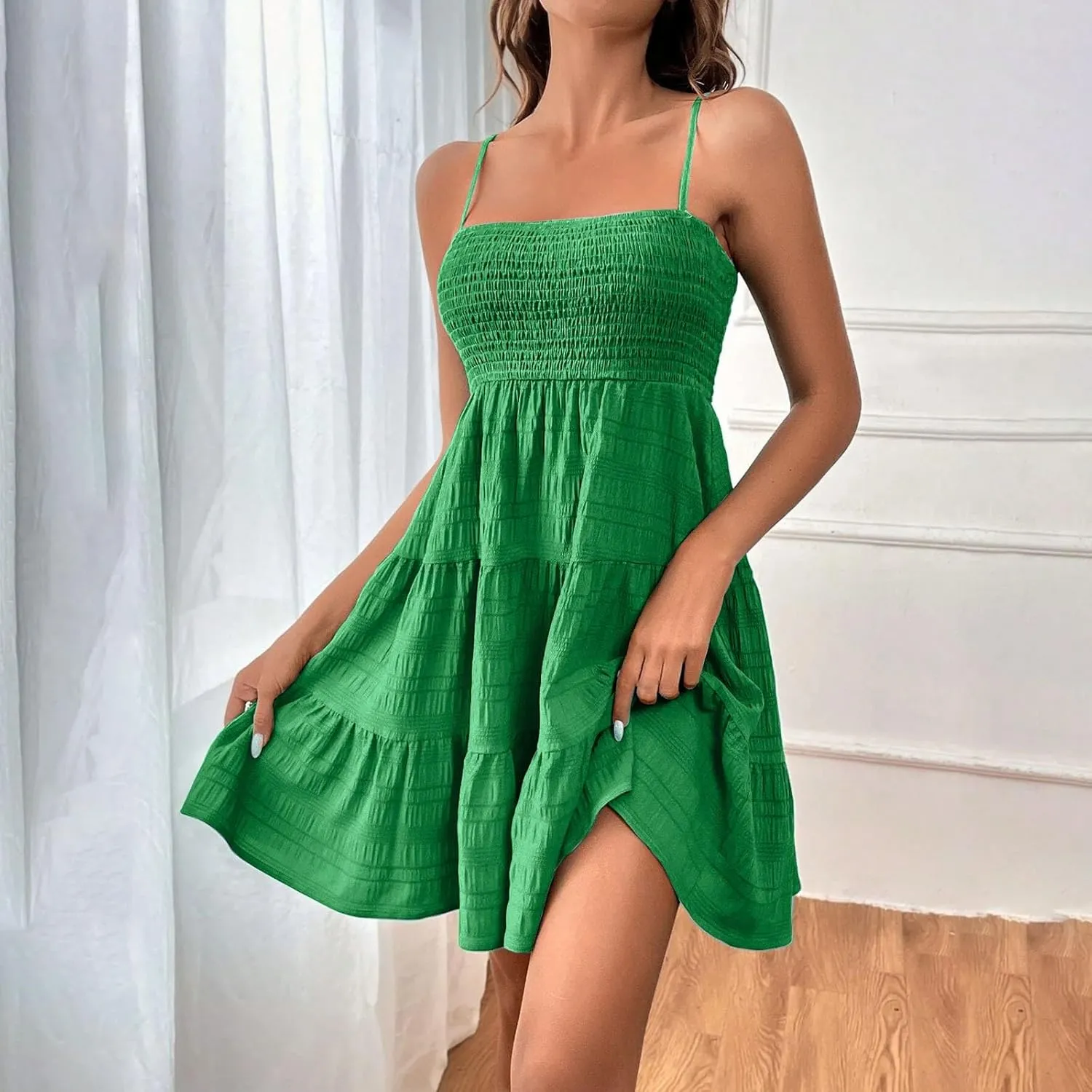 Miyaomn Women's Ruffle Spaghetti Strap Mini Dress Casual Solid A-Line Square Neck Sleeveless Smocked Tiered Flowy Sundresses