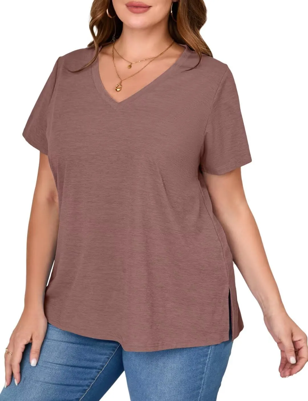 MONNURO Womens Plus Size Tops V-Neck Short Sleeve T Shirt Casual Loose Side Split Blouses