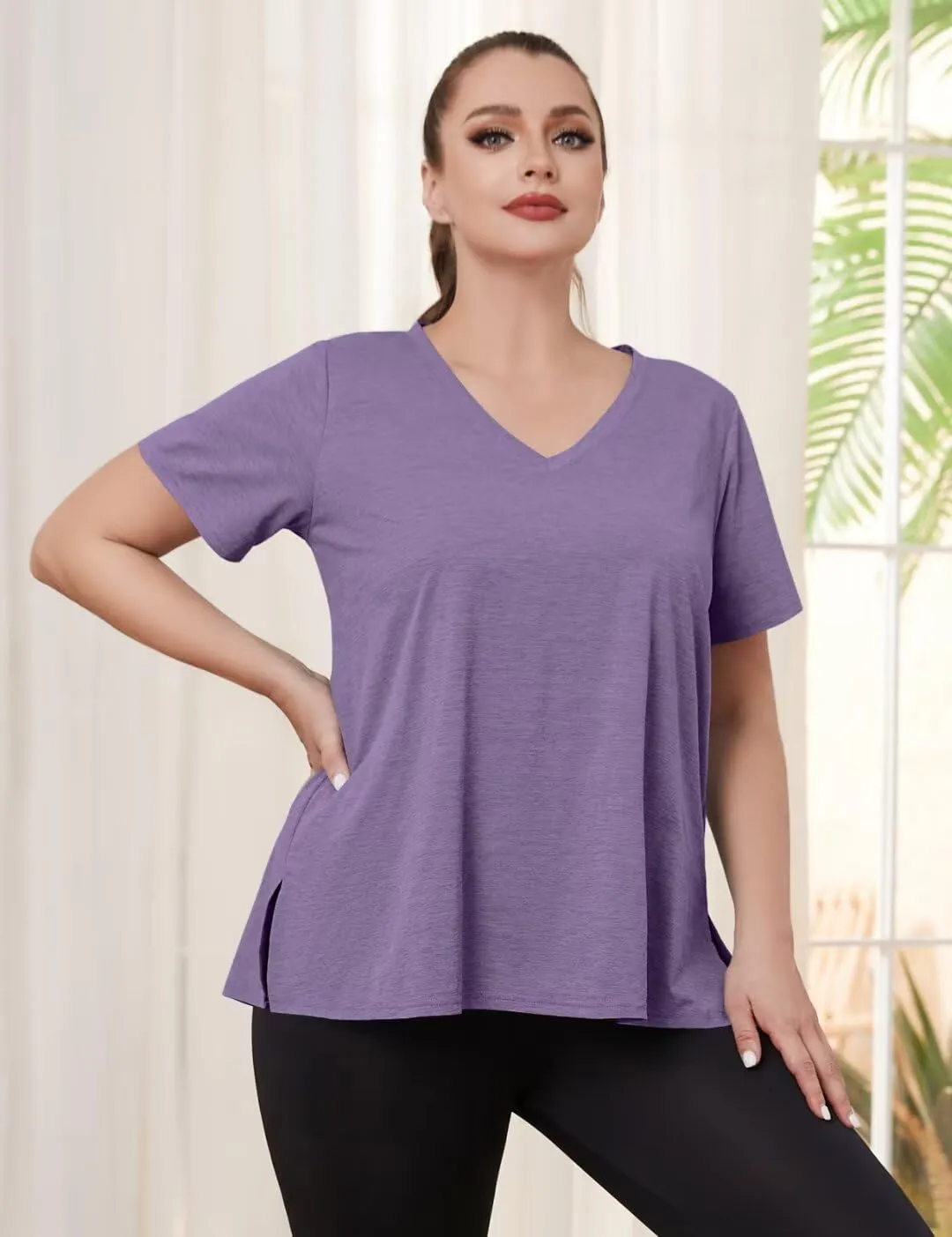 MONNURO Womens Plus Size Tops V-Neck Short Sleeve T Shirt Casual Loose Side Split Blouses