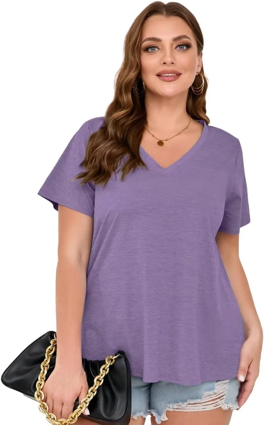 MONNURO Womens Plus Size Tops V-Neck Short Sleeve T Shirt Casual Loose Side Split Blouses