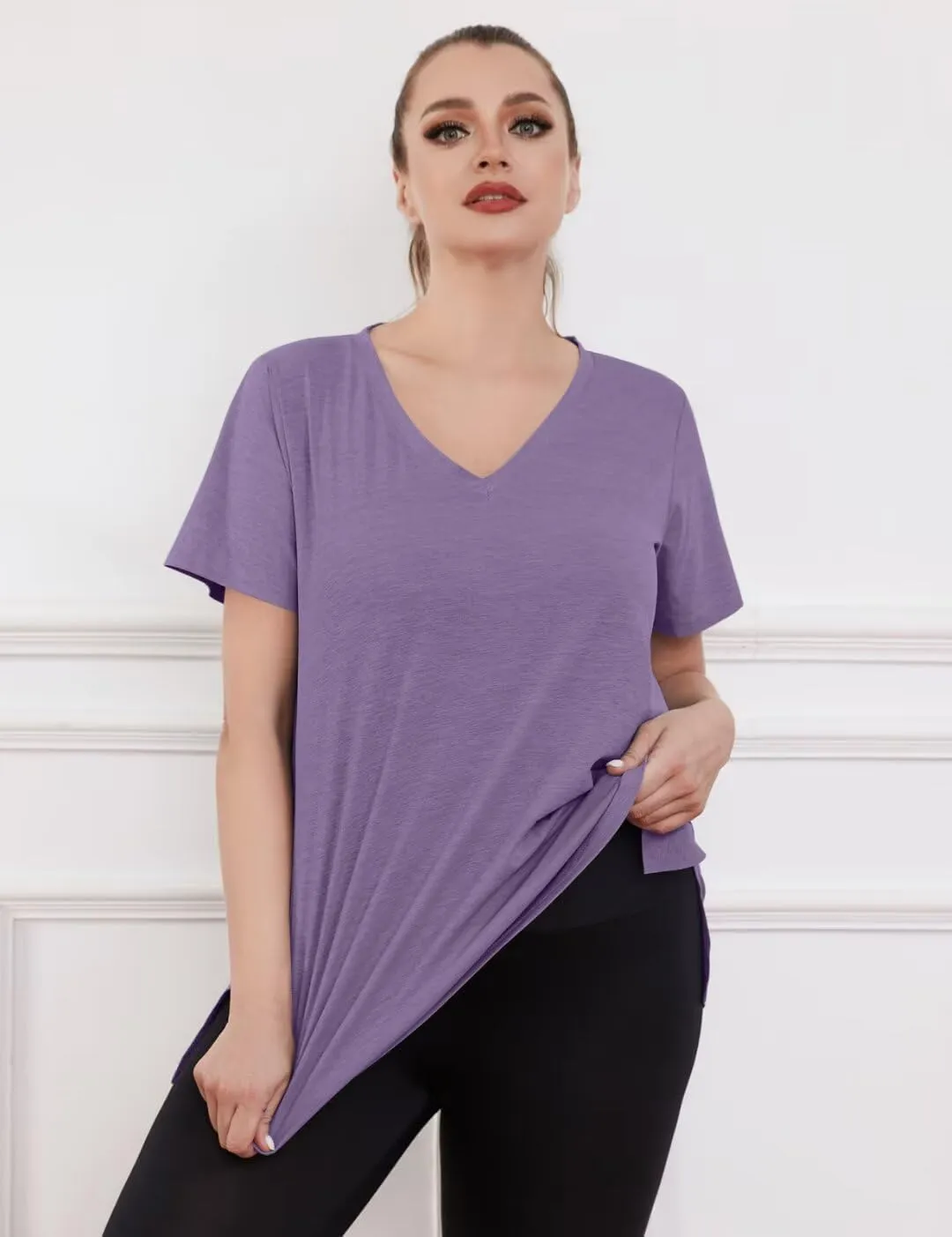MONNURO Womens Plus Size Tops V-Neck Short Sleeve T Shirt Casual Loose Side Split Blouses