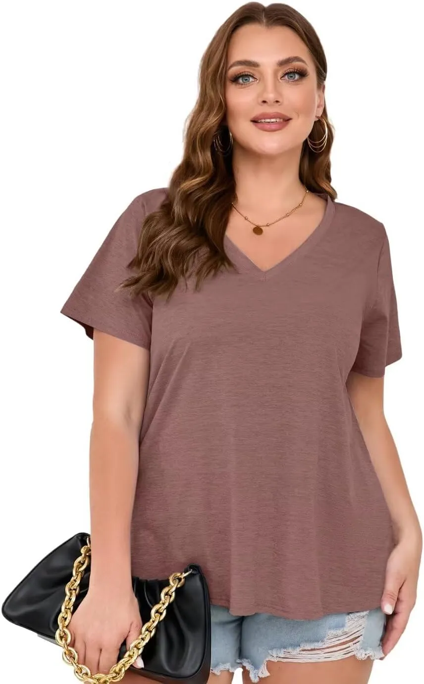MONNURO Womens Plus Size Tops V-Neck Short Sleeve T Shirt Casual Loose Side Split Blouses