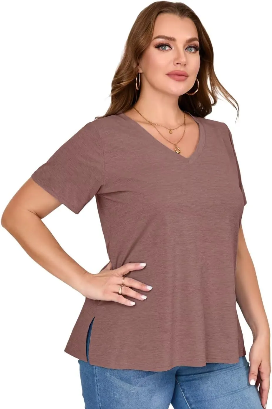 MONNURO Womens Plus Size Tops V-Neck Short Sleeve T Shirt Casual Loose Side Split Blouses