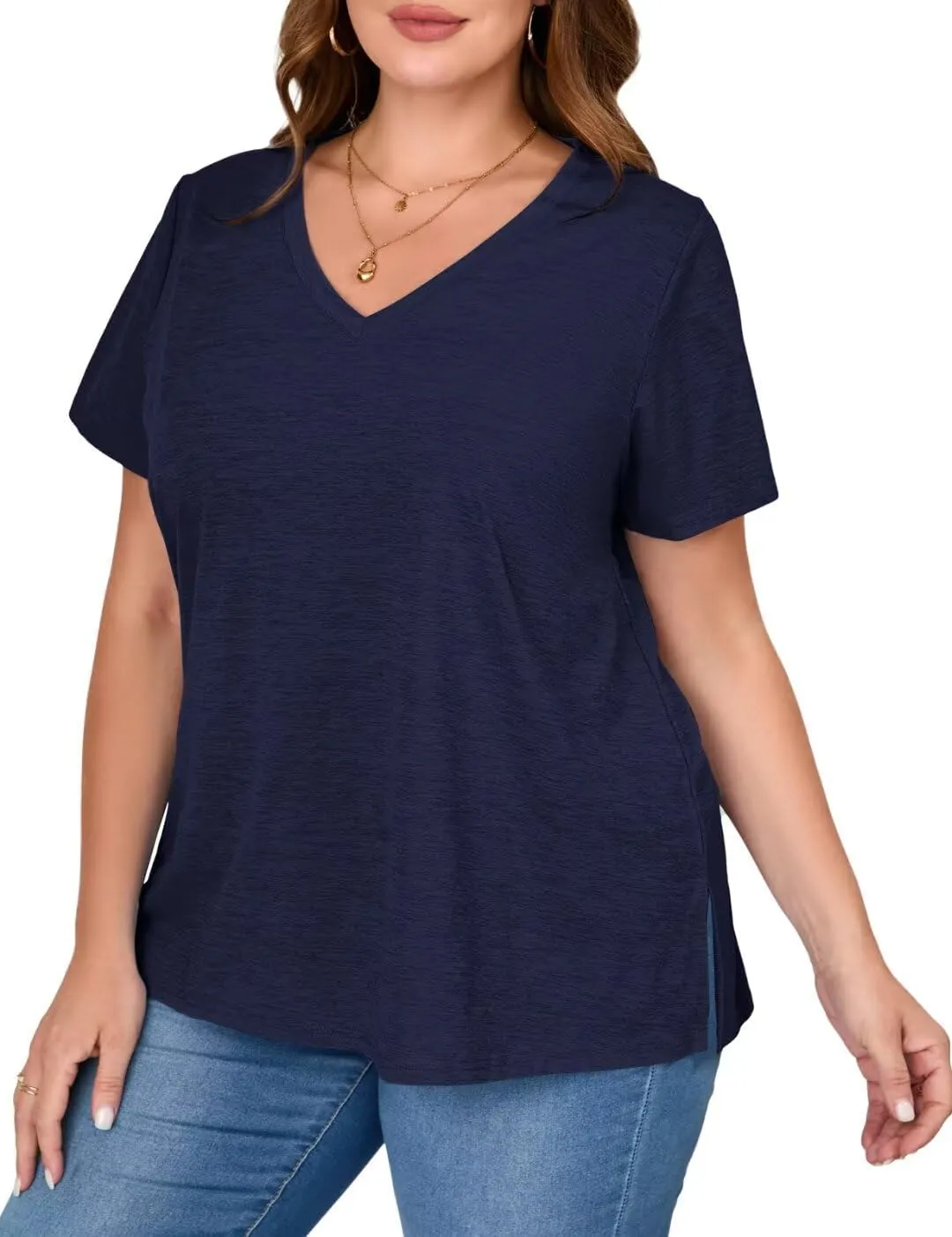 MONNURO Womens Plus Size Tops V-Neck Short Sleeve T Shirt Casual Loose Side Split Blouses